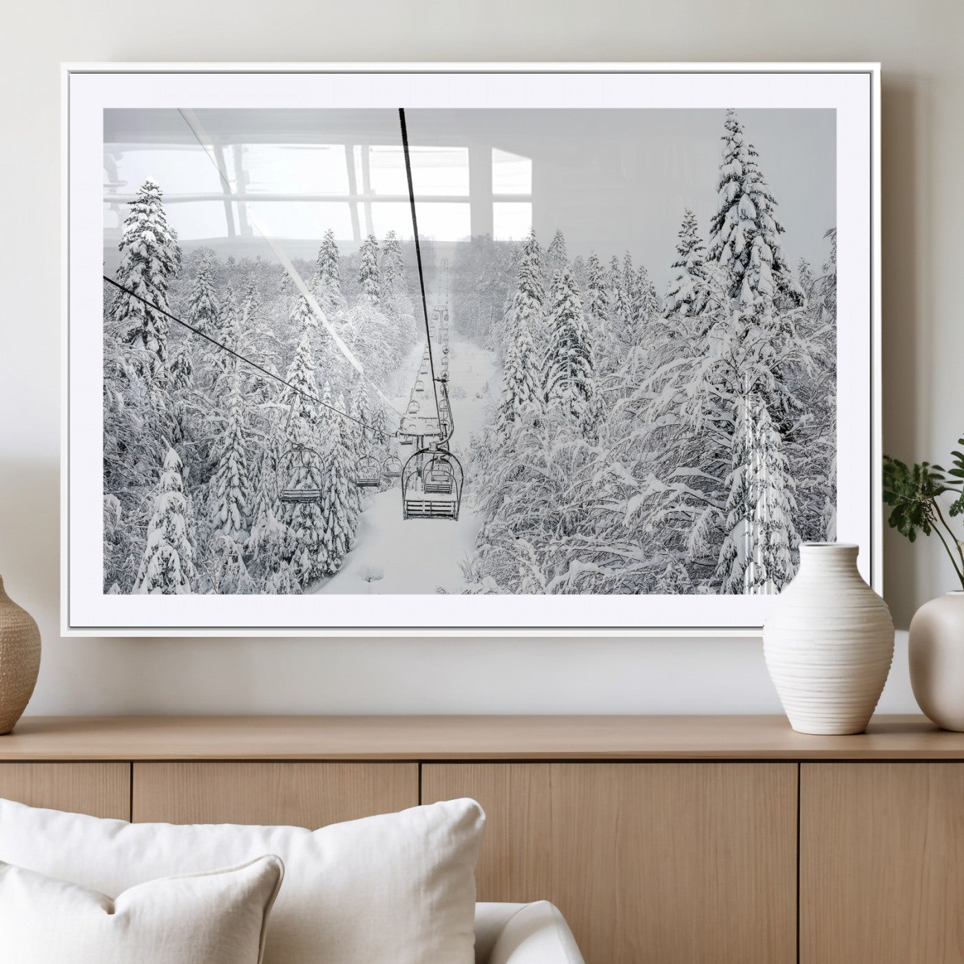 MGC-FP-36x24 - Snowy Mountains Wall Art Canvas Print, Framed Ski Lift Art Picture Print, Winter Forest Perfect