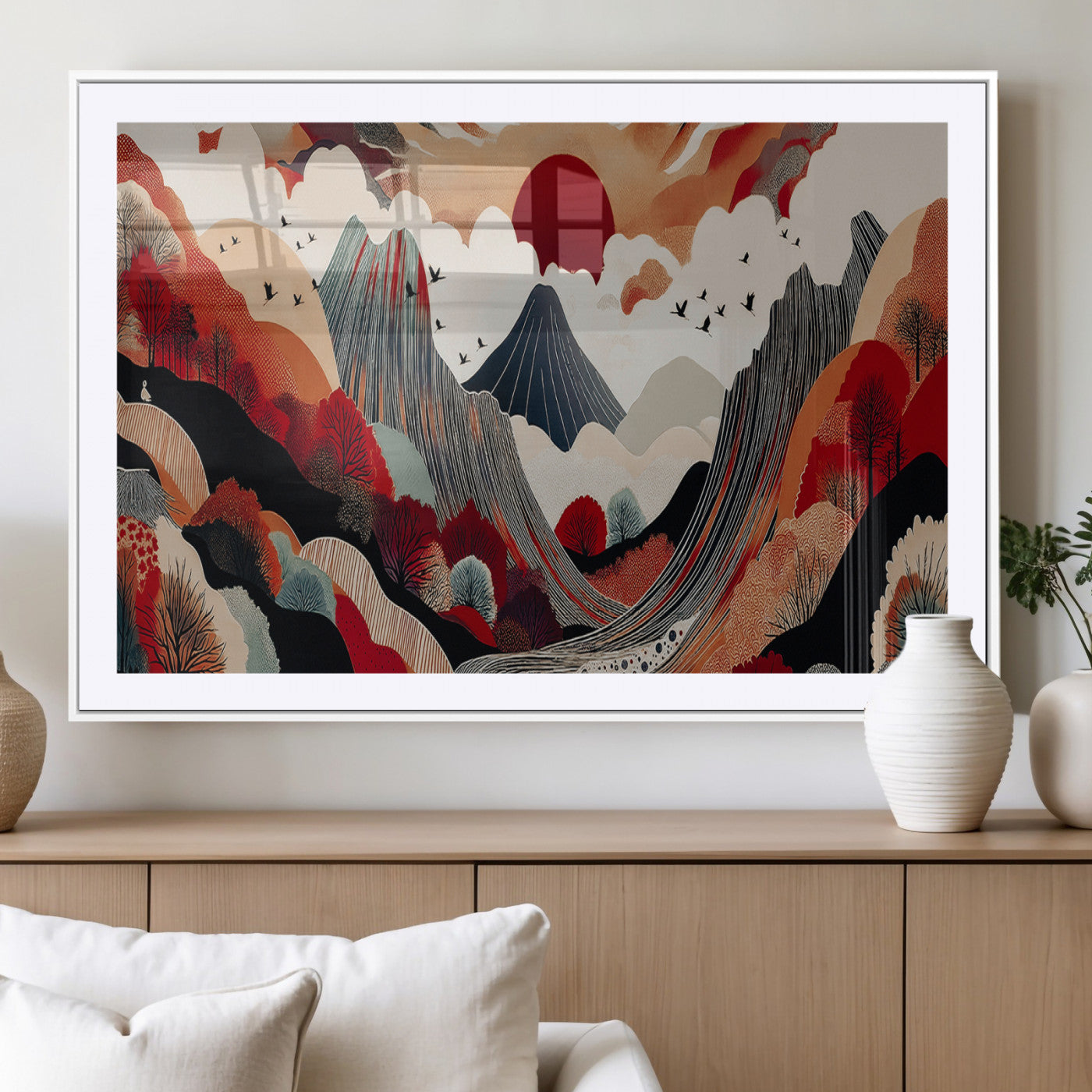 MGC-FP-36x24 - Abstract Mountain Wall Art Canvas Print, Framed Vibrant Landscape Art Picture Print, Stylized Nature Drawing Perfect Contemporary Minimalist Decor Artwork