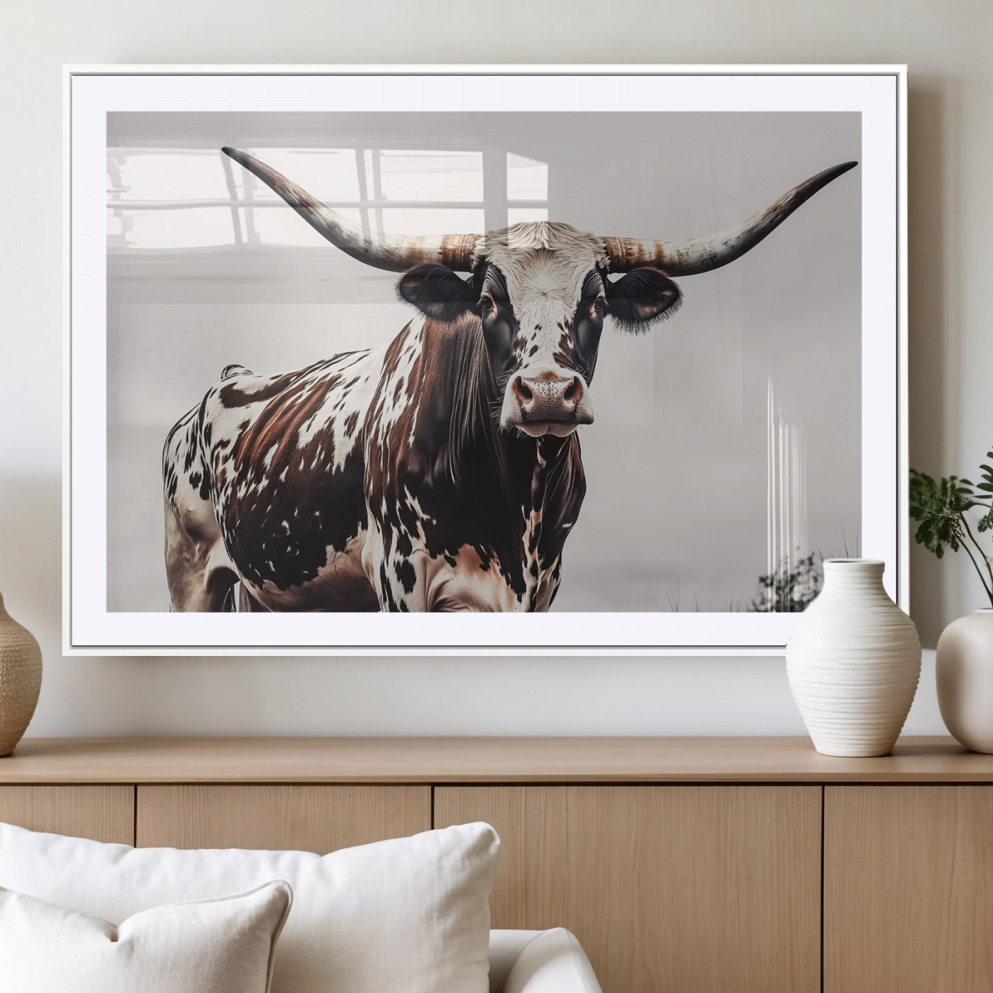 Close-up of a Texas Longhorn bull with powerful horns, perfect for rustic farmhouse or country-themed home decor. Ideal for animal lovers.