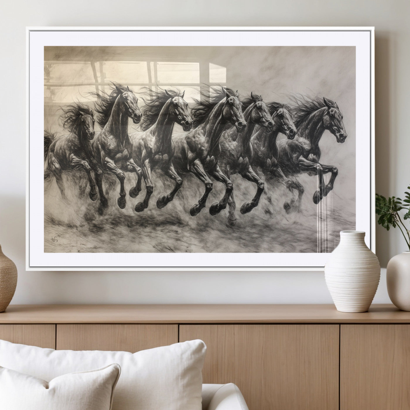 Monochrome drawing of a herd of galloping horses, perfect for dynamic and wild-themed decor in any equestrian or nature-inspired room.