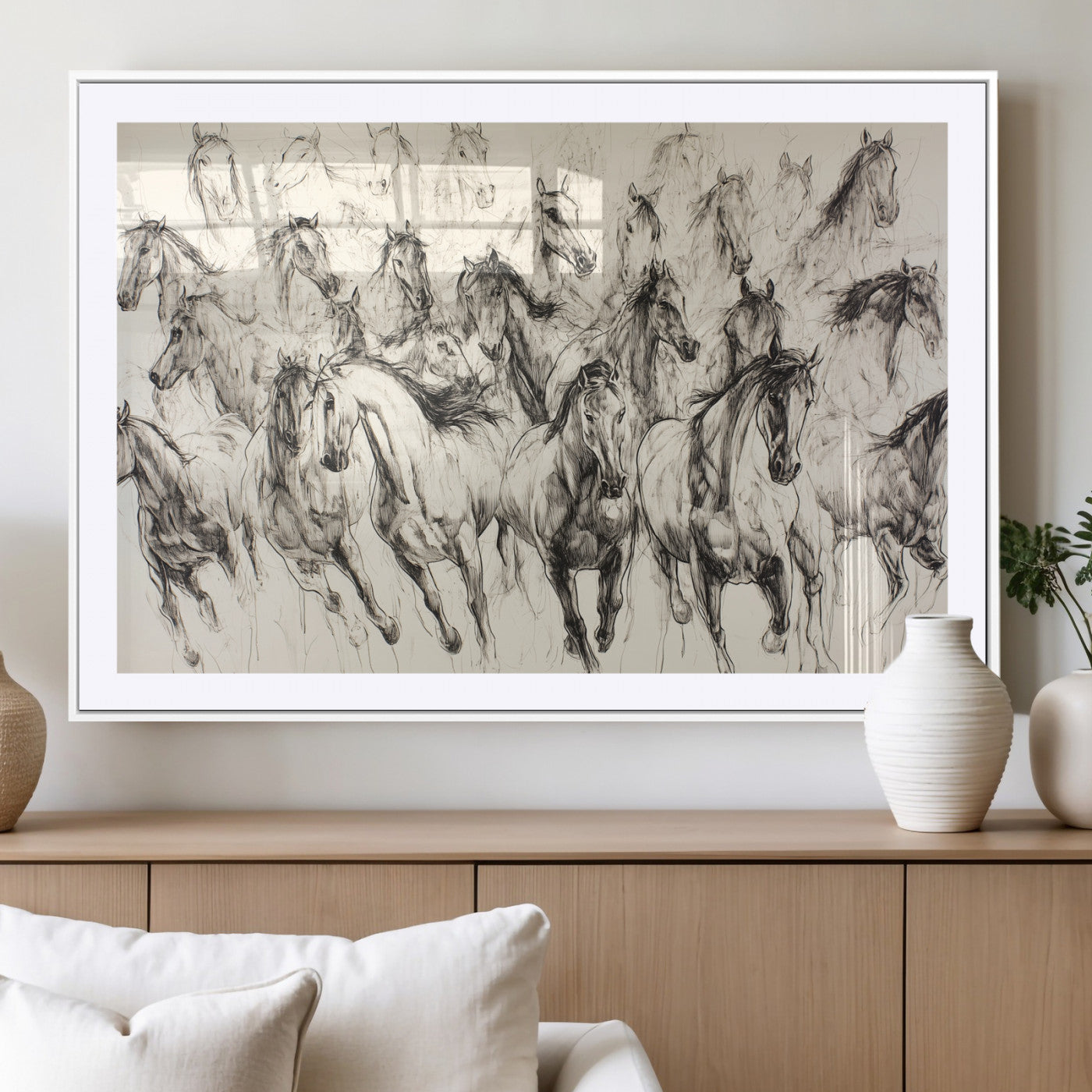 Monochrome ink sketch of galloping horses in dynamic motion, perfect for western or equine-themed wall decor with bold artistic energy.