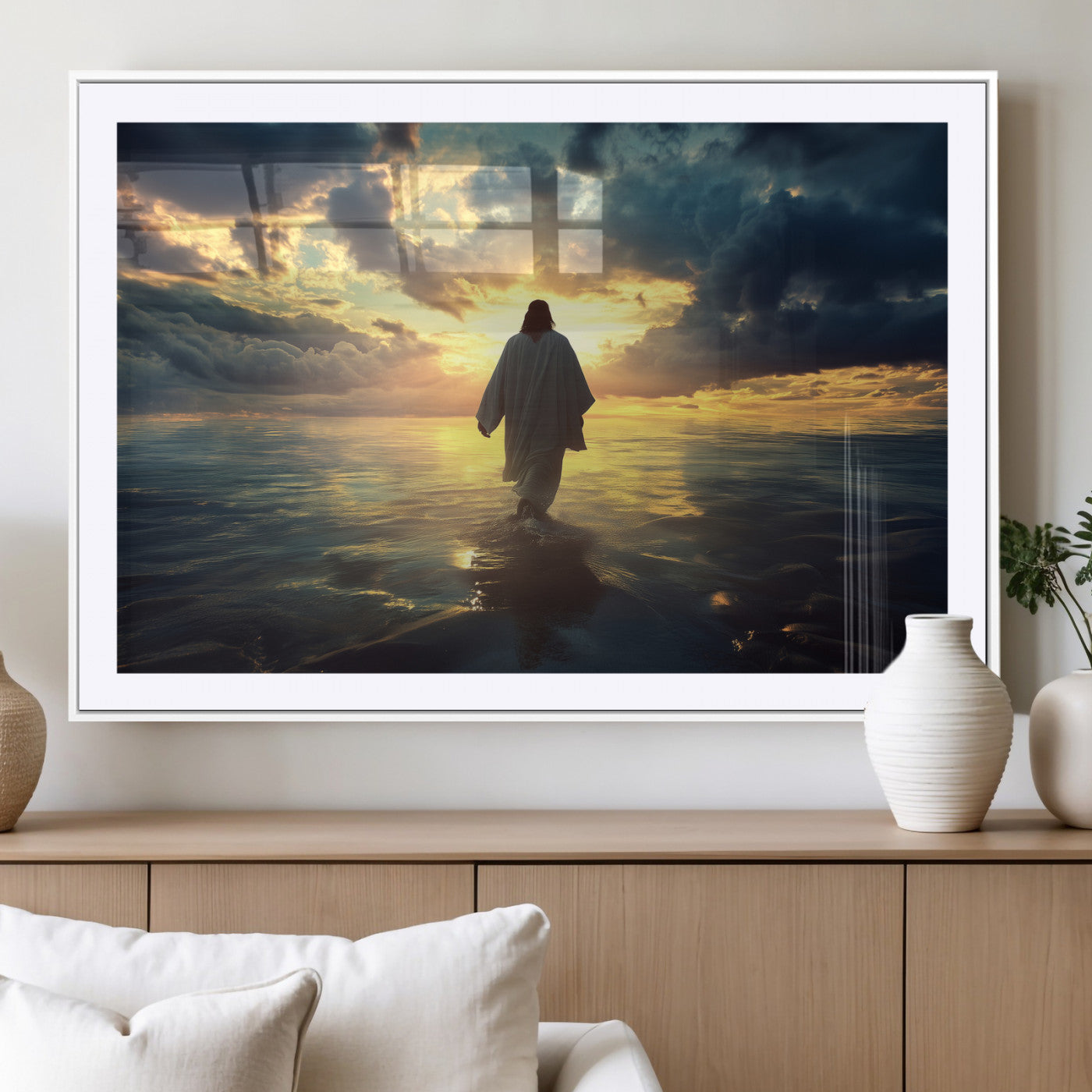MGC-FP-36x24 - Jesus Walks Wall Art Canvas Print, Framed Divine Sunset Art Picture Print, Spiritual Light Perfect Spiritual Tranquil Decor Artwork