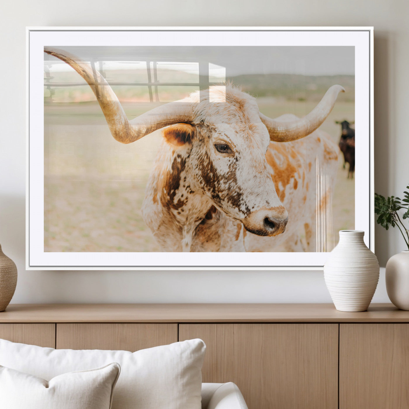 MGC-FP-36x24 - Texas Longhorn Wall Art Canvas Print, Framed Speckled Cow Art Picture Print, Rustic Bull Perfect Rustic Western Decor Artwork