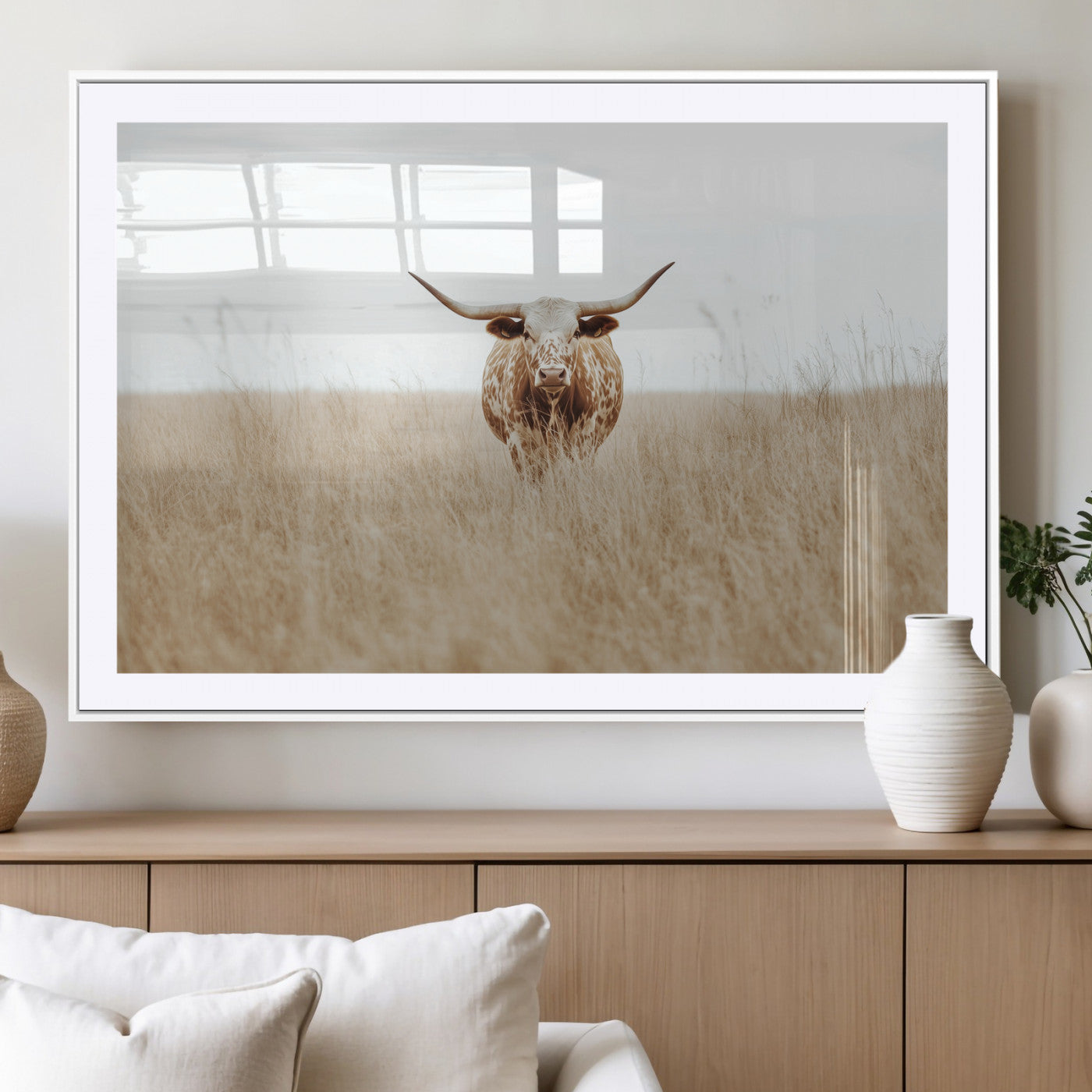 MGC-FP-36x24 - Texas Longhorn Wall Art Canvas Print, Framed Lone Cattle Art Picture Print, Longhorn Bull Perfect Rustic Western Decor Artwork