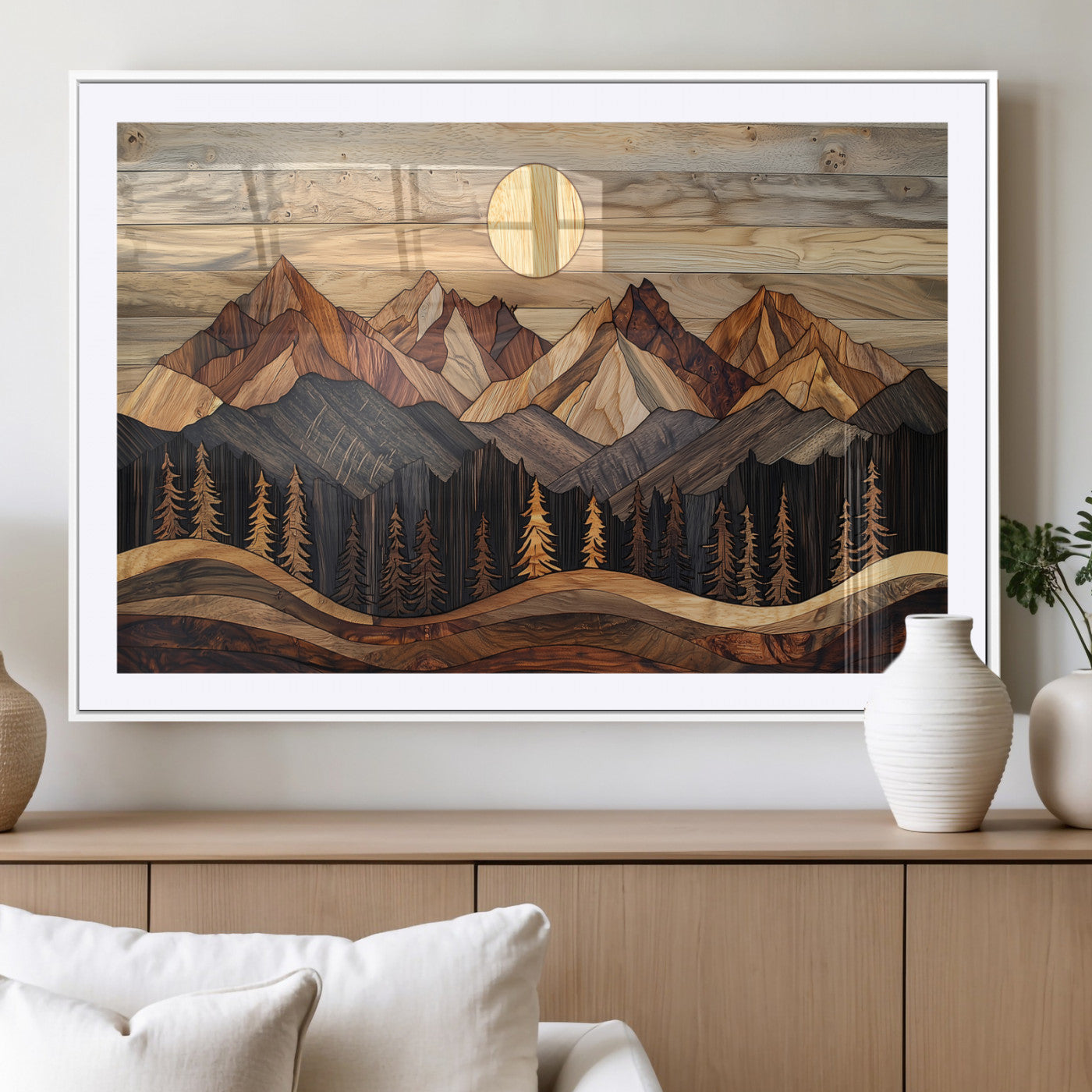 MGC-FP-36x24 - Wood Mountain Wall Art Canvas Print, Framed Boho Wood Art Picture Print, Abstract Woodland Perfect Farmhouse Decor Artwork