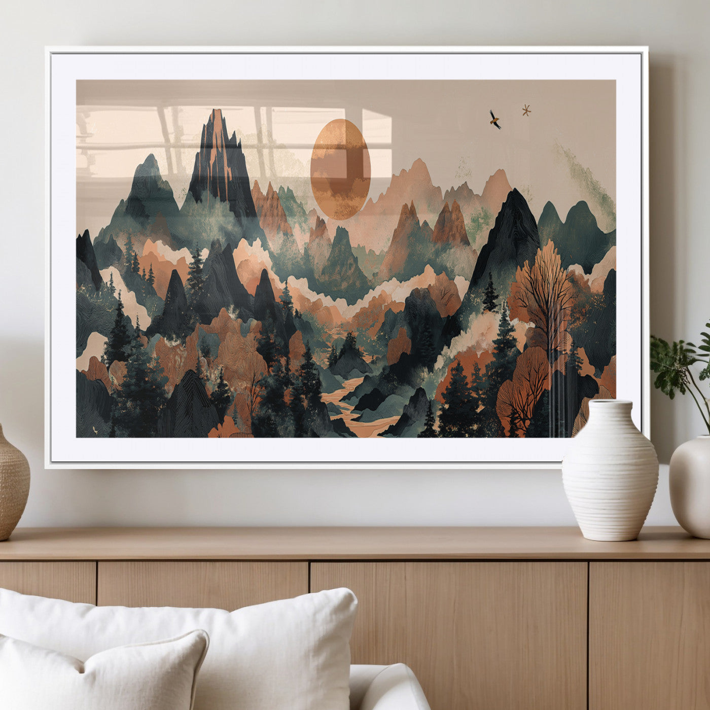 MGC-FP-36x24 - Wood Mountain Landscape Wall Art Canvas Print, Framed Sunset Hills Art Picture Print, Abstract Nature Perfect Boho Decor Artwork
