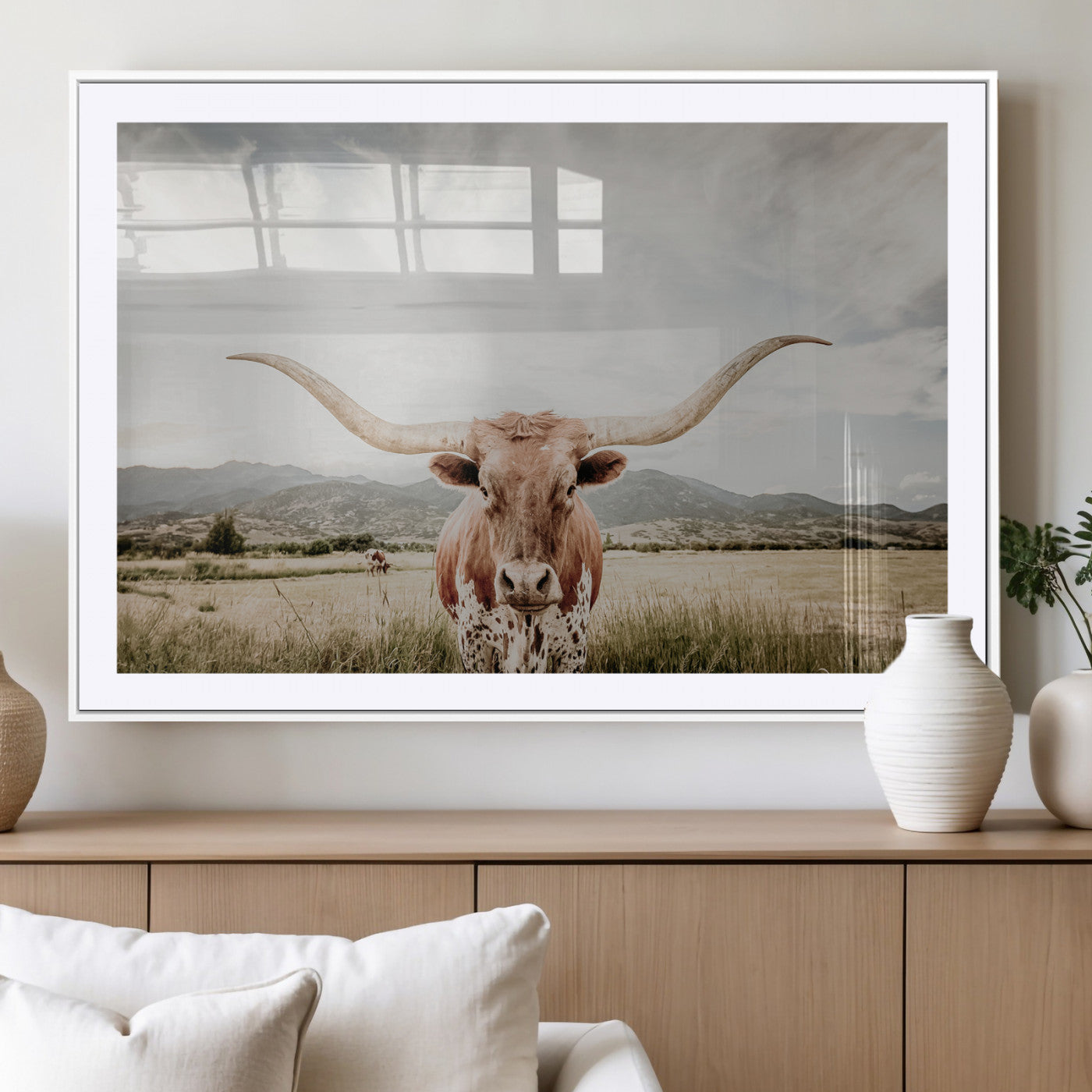 MGC-FP-36x24 - Texas Longhorn Wall Art Canvas Print, Framed Western Cow Art Picture Print, Rustic Farmhouse Perfect Farmhouse Decor Artwork