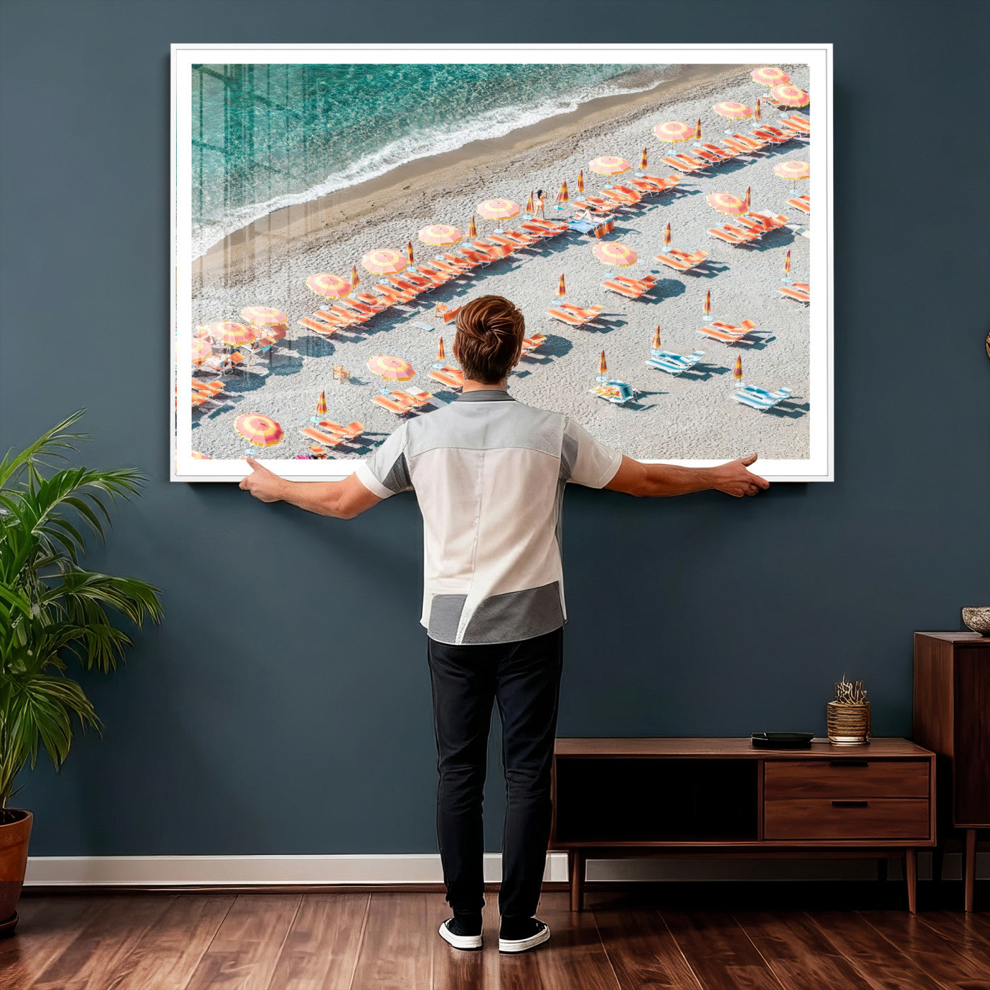 27805351-MGV-CV-36X24 - Beach Umbrellas Wall Art – Orange Loungers & Turquoise Water Canvas Print, Sandy Shore and Summer Vibes