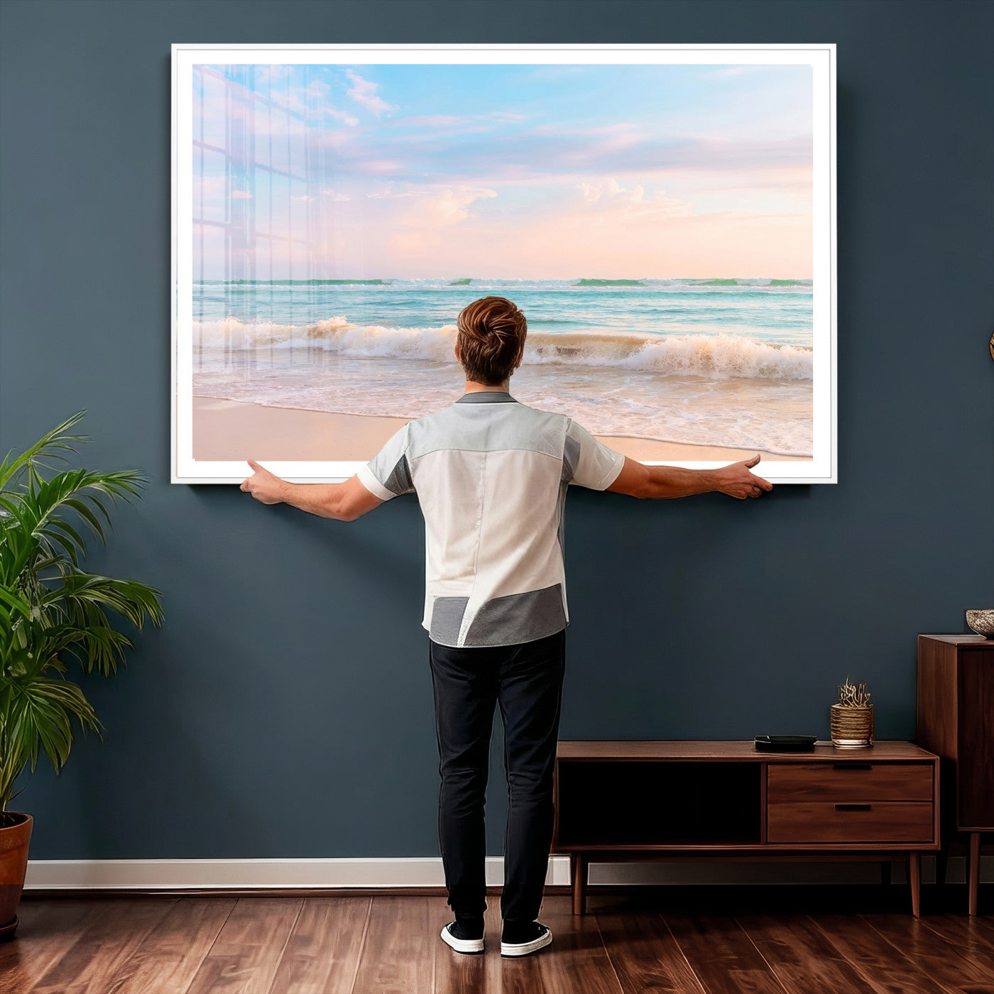 74679437-MGV-CV-36X24 - Serene Waves Wall Art – Golden Shore & Soft Pastel Sky Canvas Print, Gentle Ocean and Peaceful Sunset for Living Room or Office