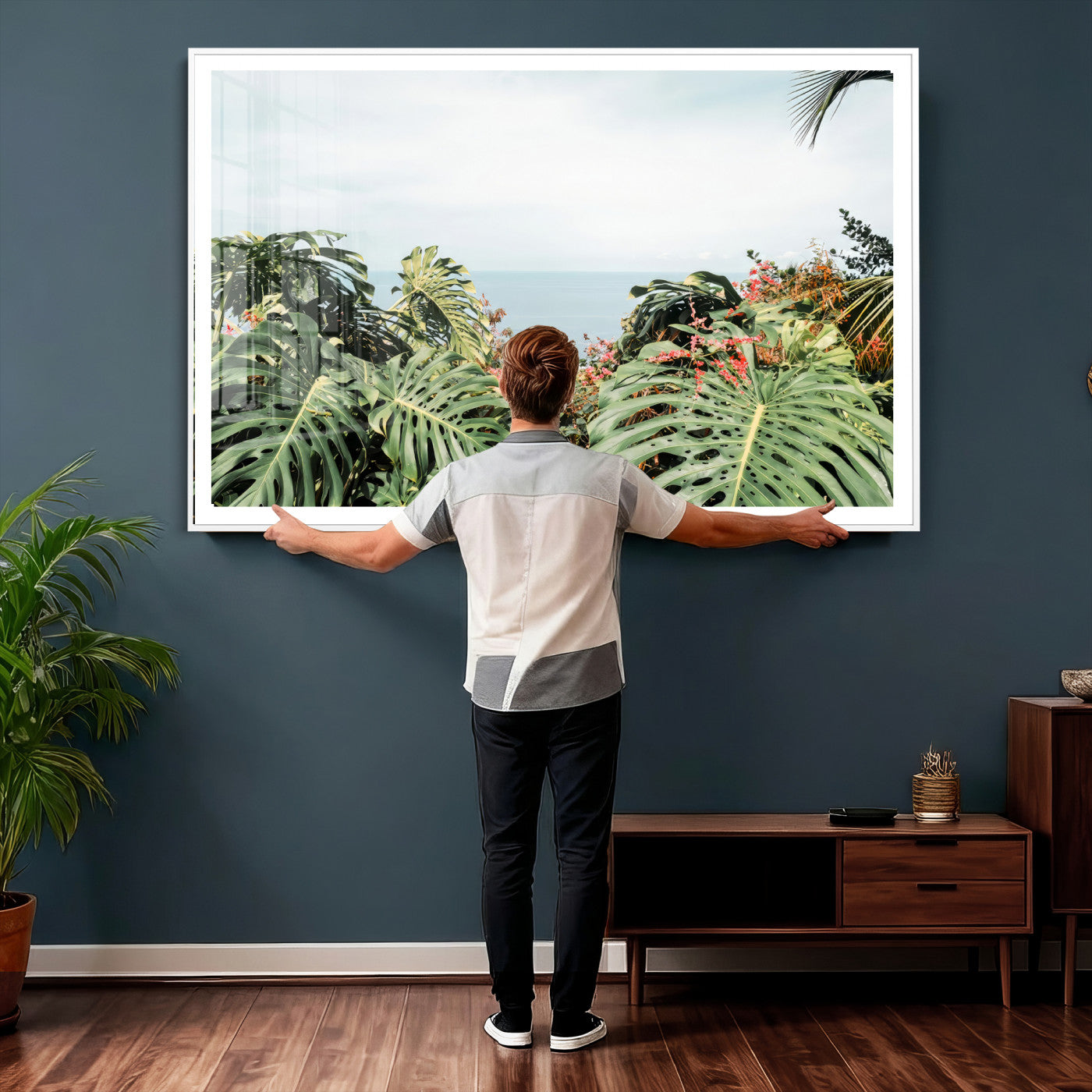 45700479-MGV-CV-36X24 - Tropical Greenery Wall Art – Exotic Leaves & Ocean View Canvas Print, Sunlit Paradise and Vibrant Nature for Living Room or Coastal Decor