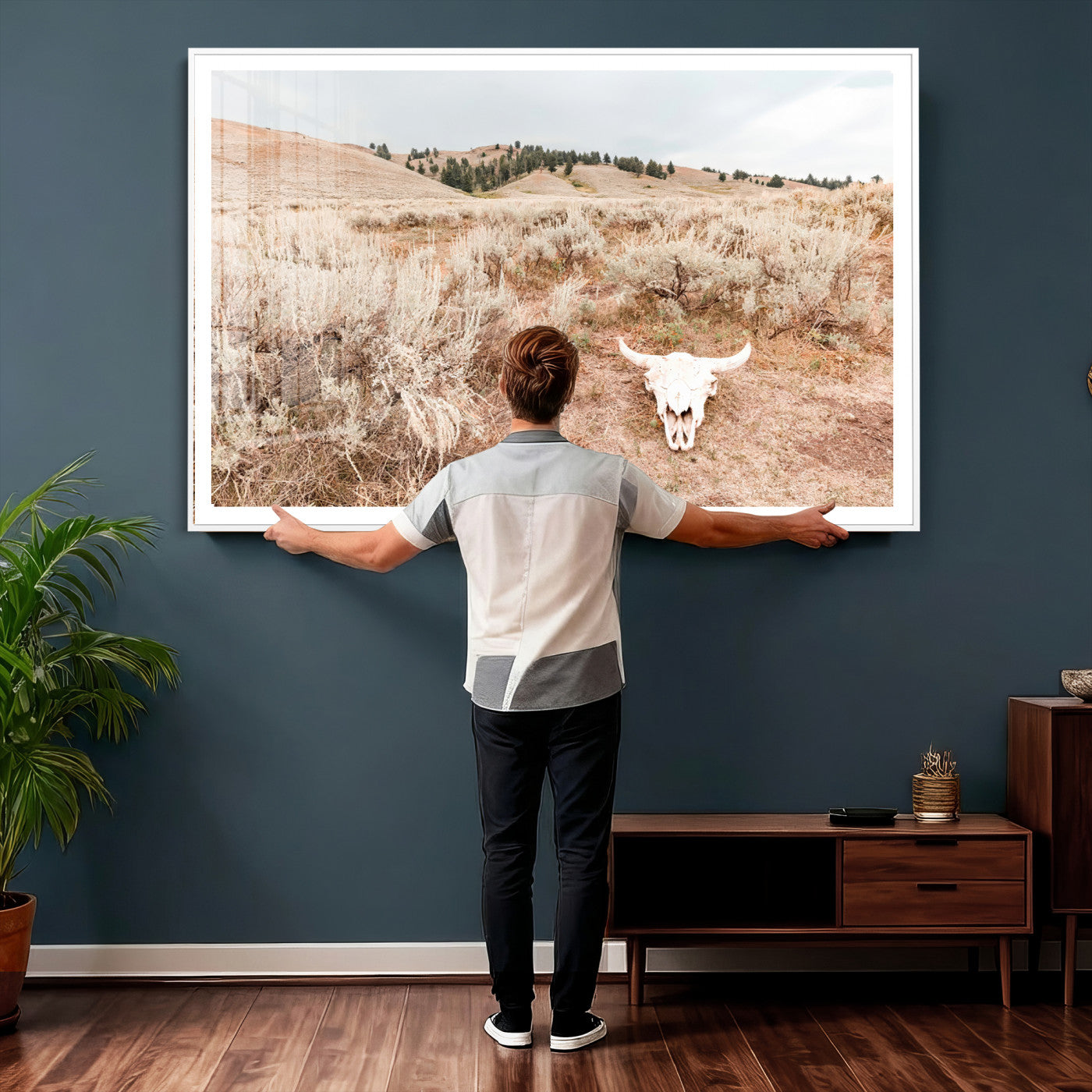 97234735-MGV-CV-36X24 - Desert Skull Wall Art – Arid Landscape & Sagebrush Canvas Print, Rustic Nature and Earth Tones for Living Room or Minimalist Decor