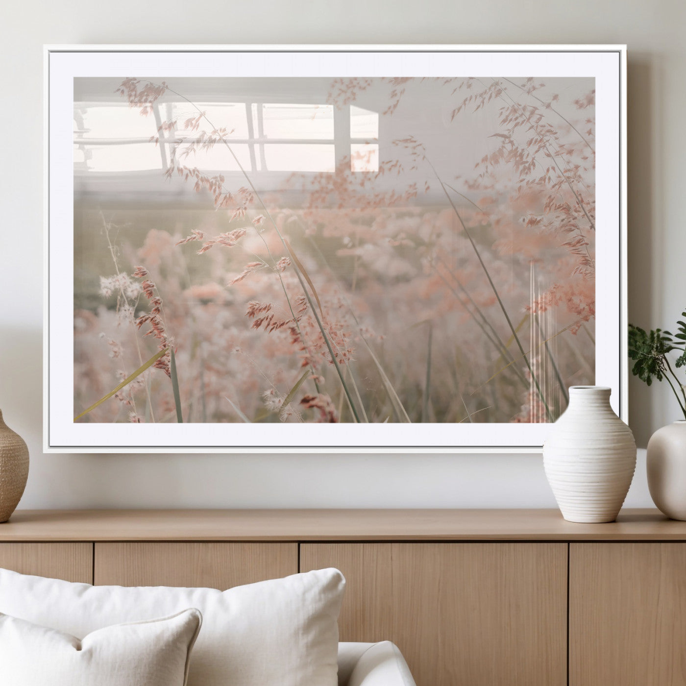MGC-FP-36x24 - Pastel Grasses Wall Art Canvas Print, Framed Soft Meadow Art Picture Print, Field in Breeze Perfect Soft Pastel Minimal Decor Artwork