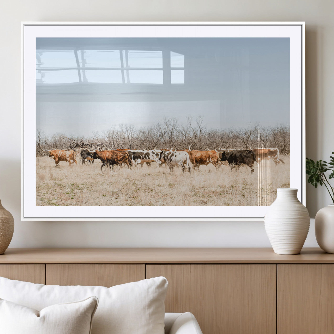MGC-FP-36x24 - Texas Longhorns Wall Art Canvas Print, Framed Western Cattles Art Picture Print, Rustic Herd Perfect Rustic Farmhouse Decor Artwork