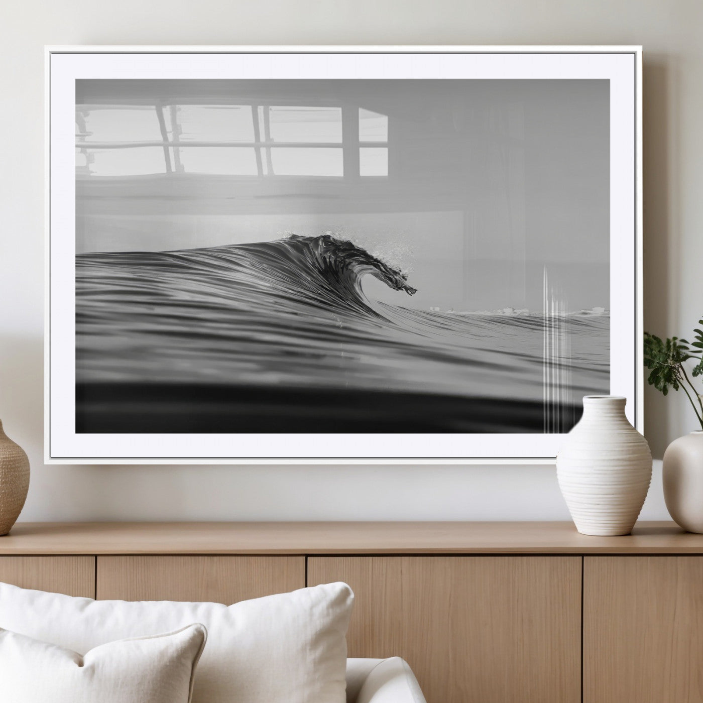 MGC-FP-36x24 - Black Wave Wall Art Canvas Print, Framed Abstract Surf Art Picture Print, Minimalist Ocean Perfect Minimalist Coastal Decor Artwork