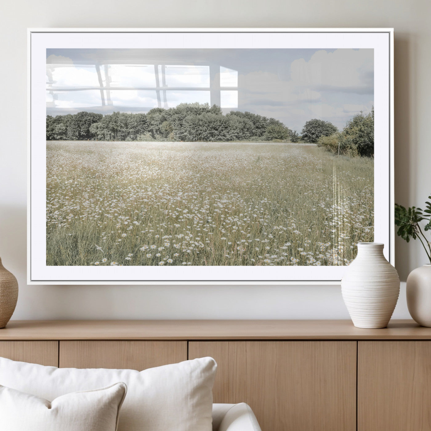 MGC-FP-36x24 - Charming Daisy Field Wall Art Canvas Print, Framed Pastel Flower Art Picture Print, Meadow Bloom Perfect Scandinavian Minimalist Decor Artwork