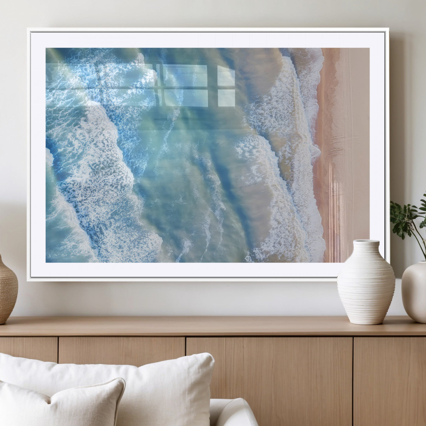 MGC-FP-36x24 - Aerial Ocean View Wall Art Canvas Print, Framed Soft Blue Waves Art Picture Print, Sandy Shoreline Perfect Modern Coastal Decor Artwork