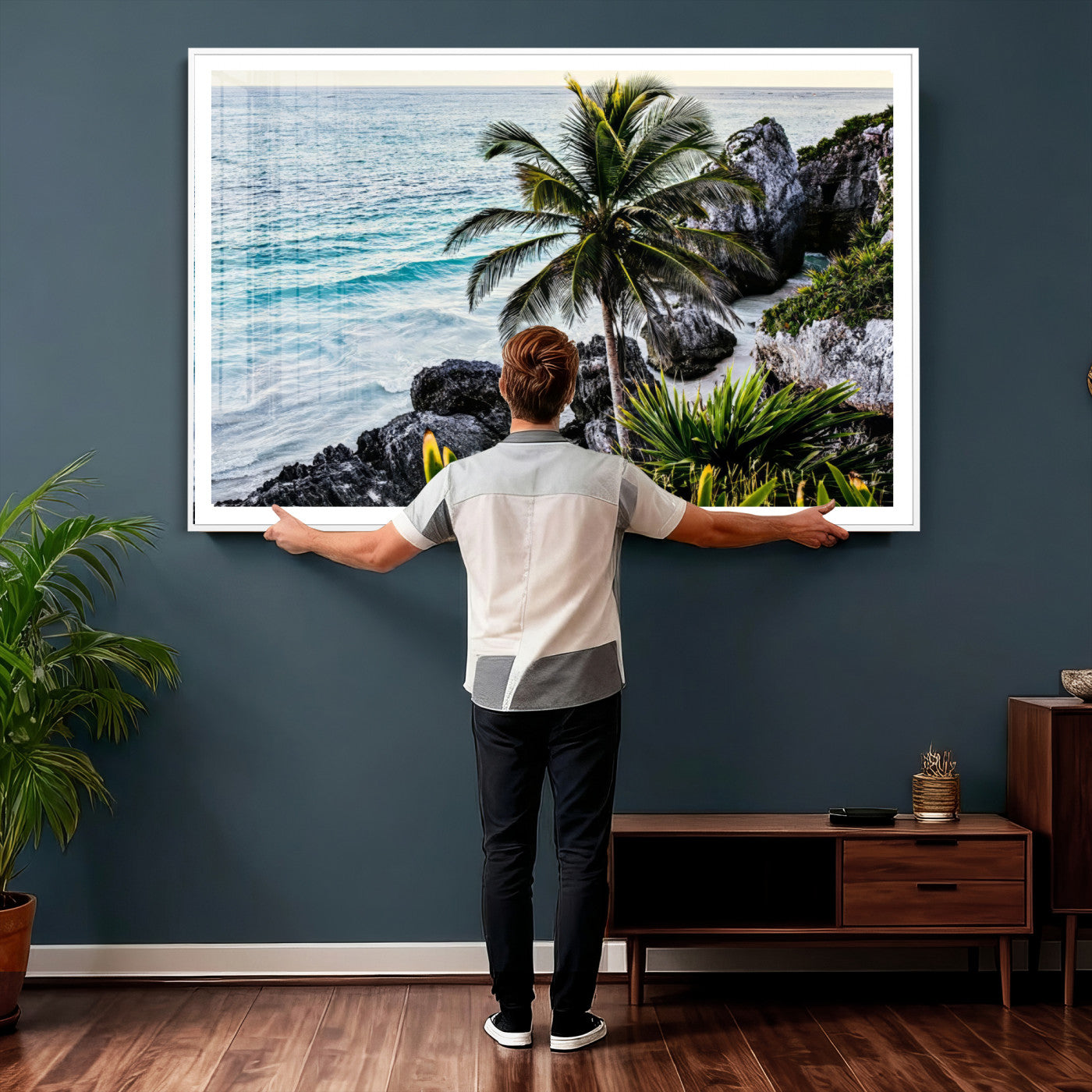 94669907-MGV-CV-36X24 - Tropical Palm Wall Art – Coastal Rocks Canvas Print, Ocean Breeze, Sandy Shore, Vibrant Green Foliage for Living Room or Beach House Decor