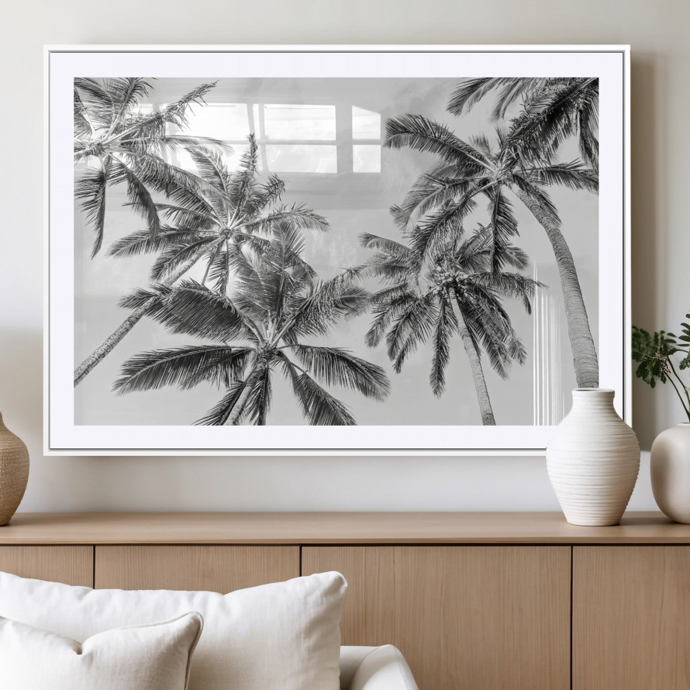 MGC-FP-36x24 - Black White Palm Wall Art Canvas Print, Framed Monochrome Tropics Art Picture Print, Minimalist Beach Perfect Coastal Minimalist Decor Artwork