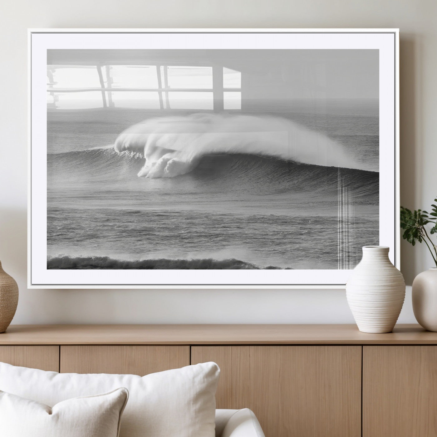 MGC-FP-36x24 - Monochrome Seascape Wall Art Canvas Print, Framed Surf Wave Art Picture Print, Minimalist Ocean Perfect Moody Coastal Decor Artwork