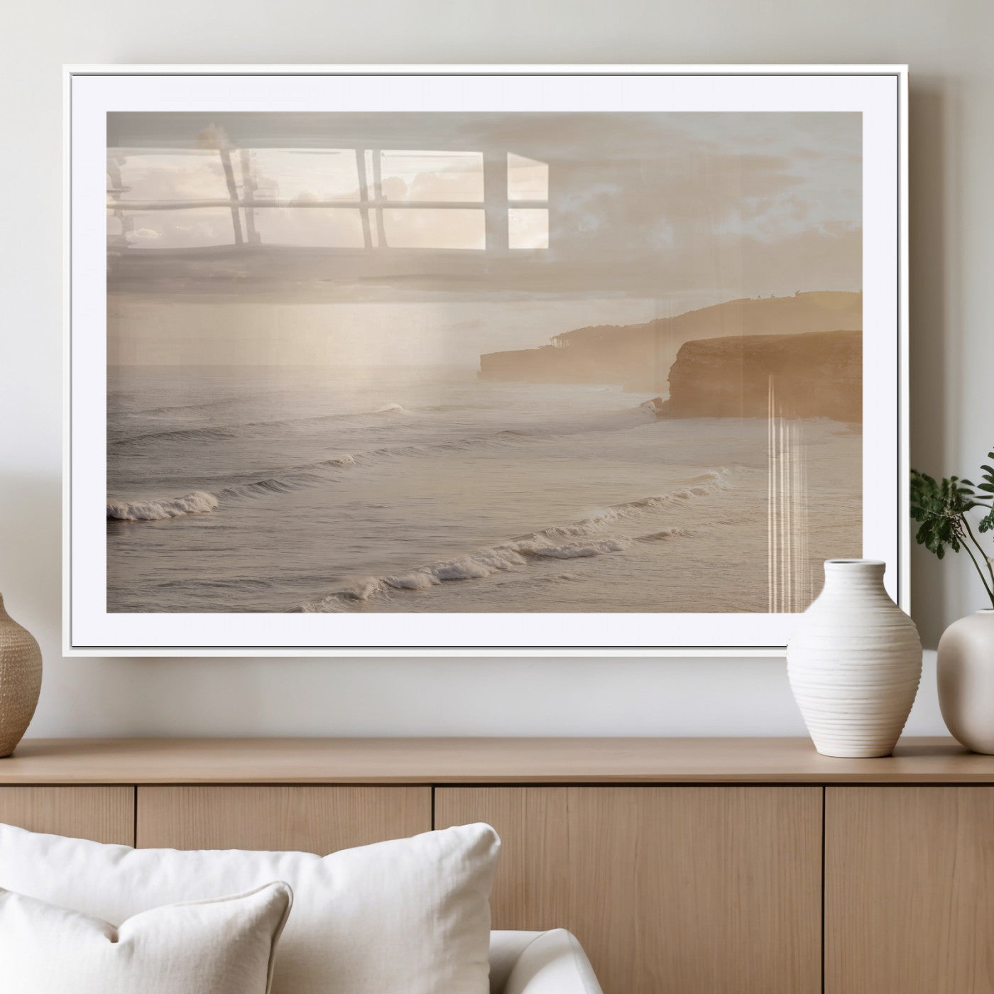 MGC-FP-36x24 - Misty Coastal Wall Art Canvas Print, Framed Golden Sunset Art Picture Print, Serene Shoreline Perfect Tranquil Coastal Decor Artwork