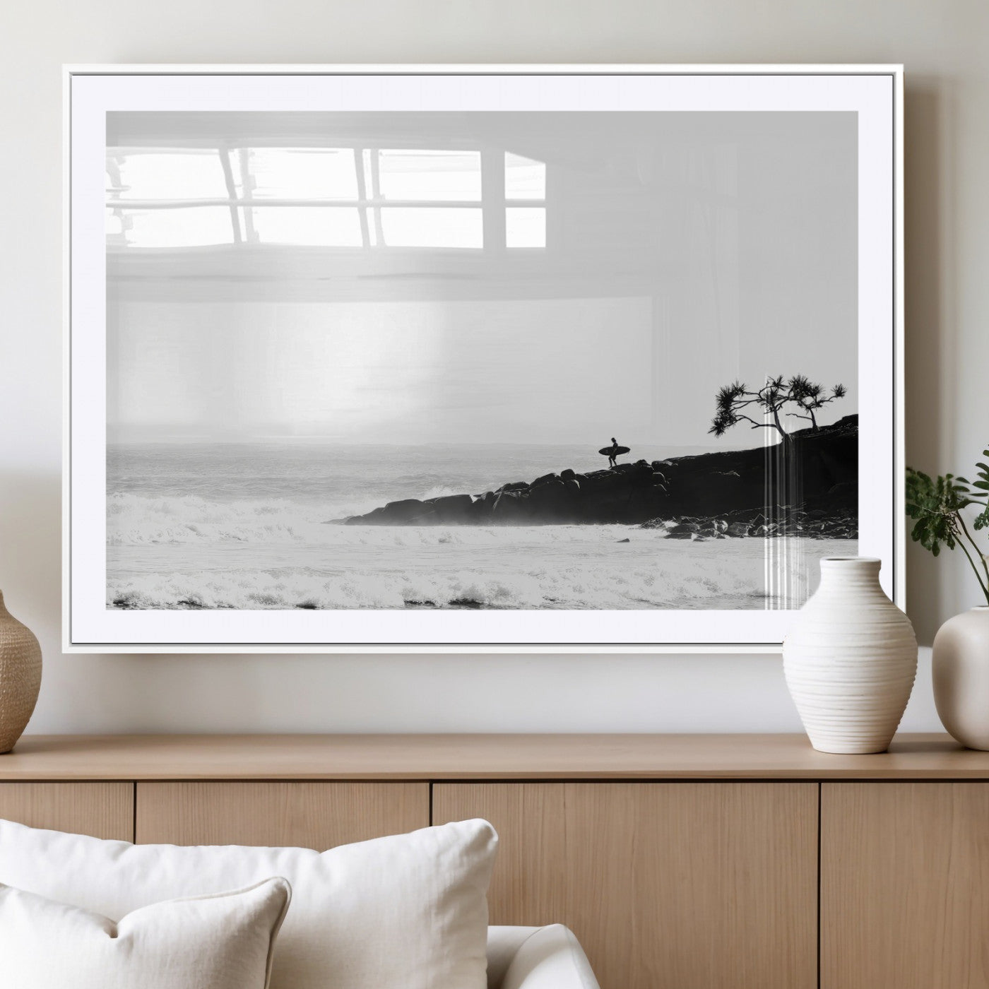 MGC-FP-36x24 - SurferCliffs Wall Art Canvas Print, Framed Black White Beach Art Picture Print, Ocean Waves Perfect Minimalist Coastal Decor Artwork