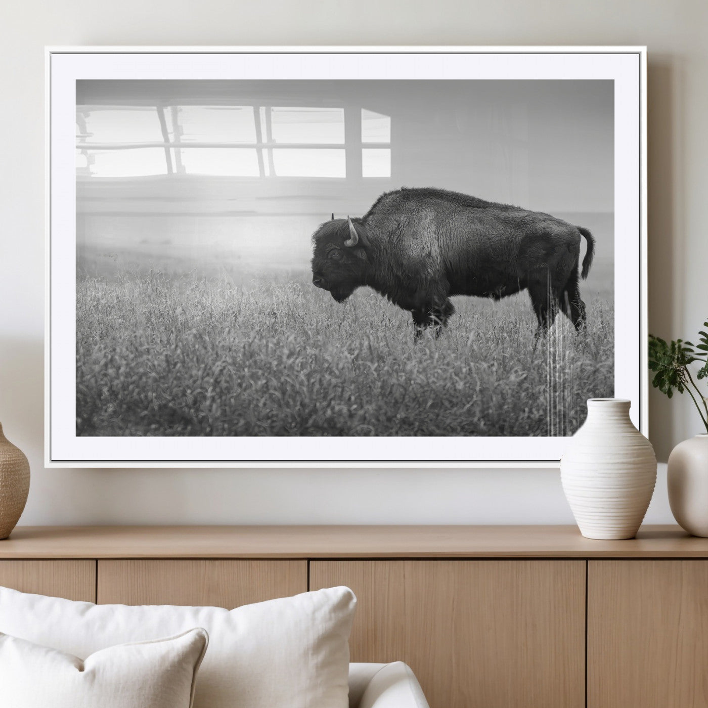 MGC-FP-36x24 - Bison In Prairie Wall Art Canvas Print, Framed Rustic Wildlife Art Picture Print, Wild Buffalo Perfect Rustic Western Decor Artwork