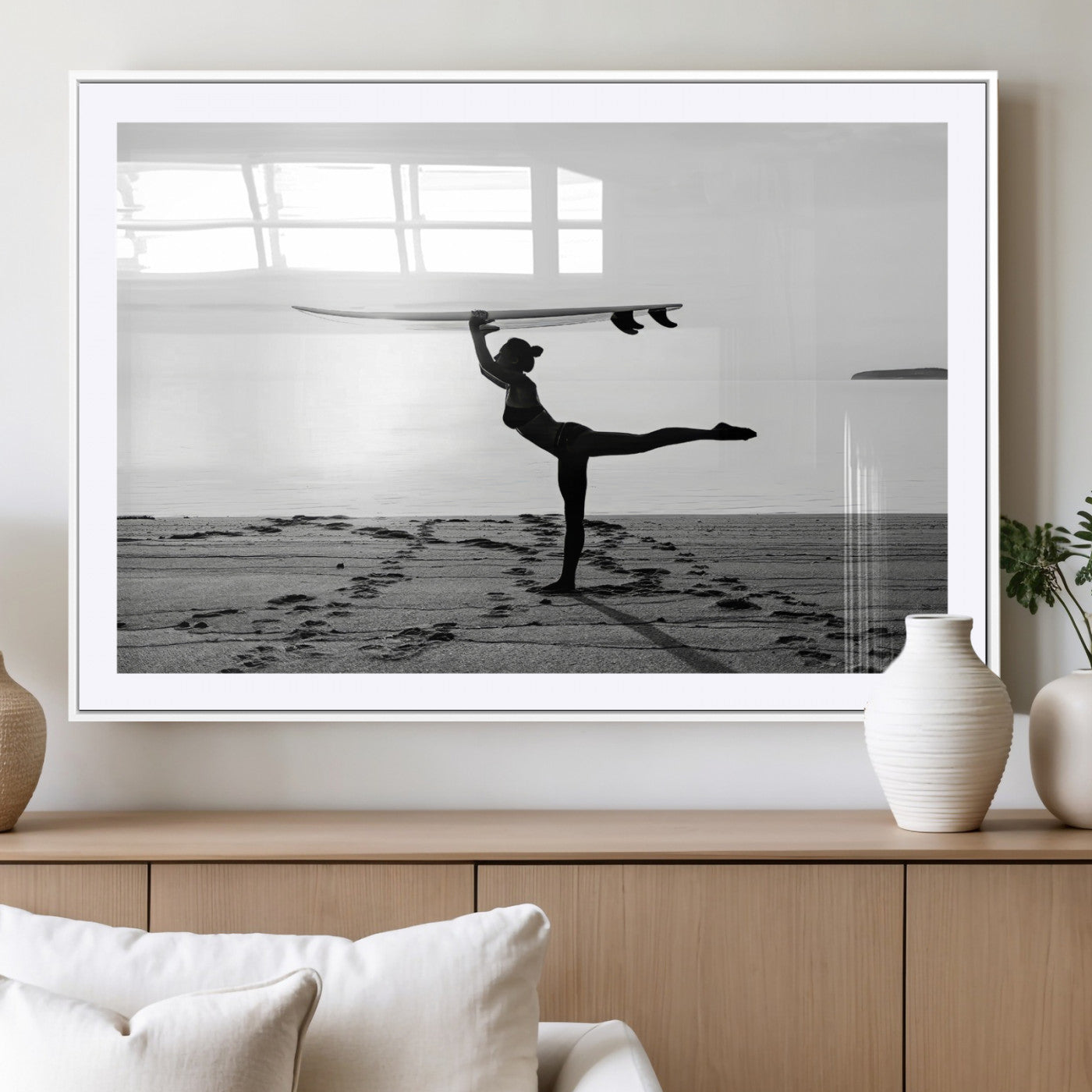 MGC-FP-36x24 - Yoga Surf Wall Art Canvas Print, Framed Black White Shore Art Picture Print, Peaceful Ocean Perfect Minimalist Coastal Decor Artwork