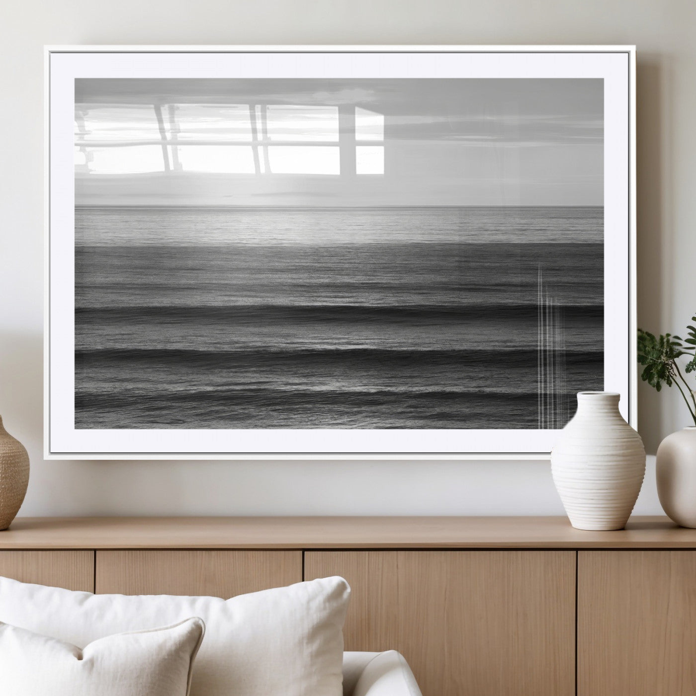 MGC-FP-36x24 - Monochrome Ocean Wall Art Canvas Print, Framed Moody Ocean Art Picture Print, Calm Ocean Perfect Minimalist Coastal Decor Artwork