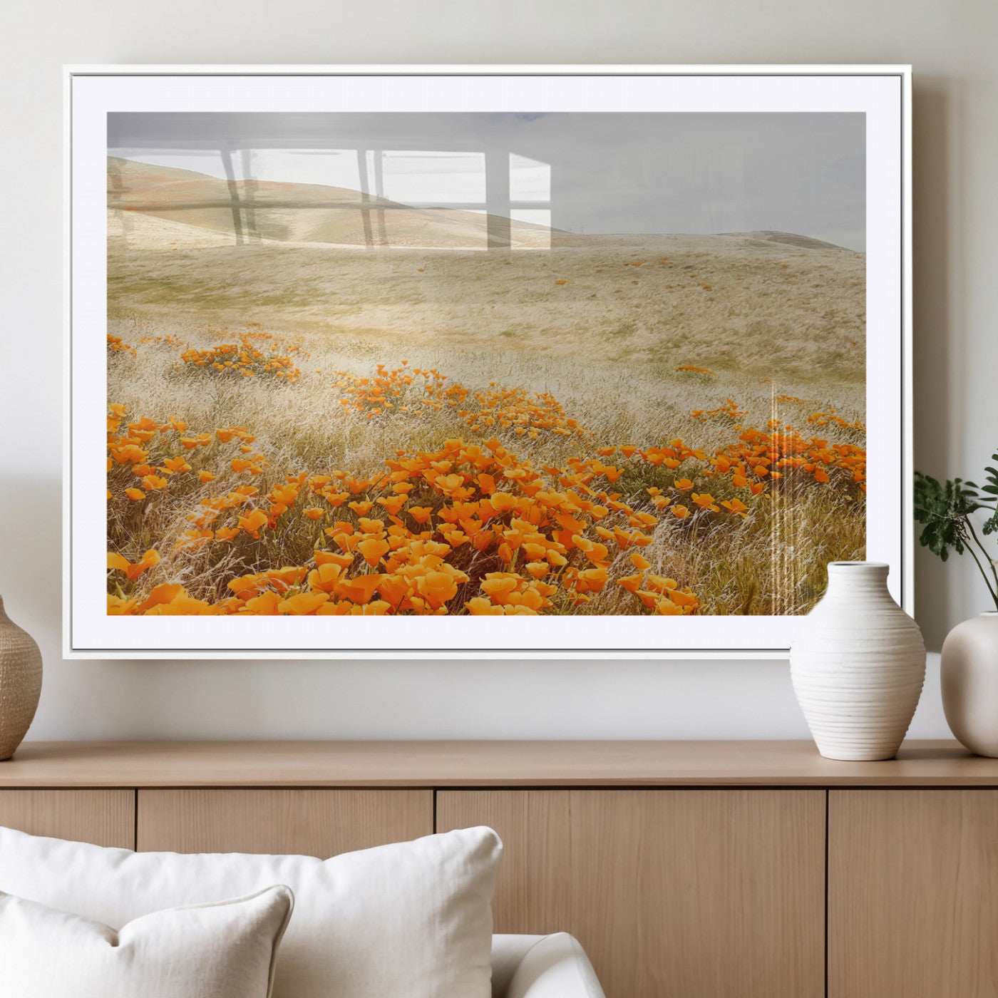 MGC-FP-36x24 - Golden Wildflowers Wall Art Canvas Print, Framed Hills Bloom Art Picture Print, Poppy Meadow Perfect Rustic Nature Decor Artwork