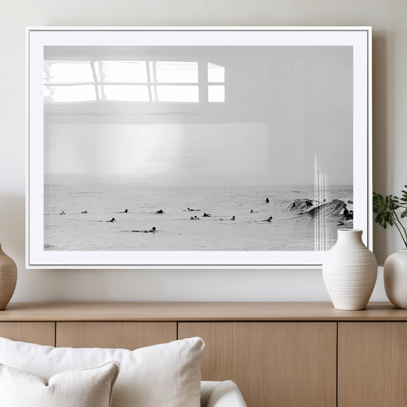 MGC-FP-36x24 - Monochrome Swimming Wall Art Canvas Print, Framed Ocean Horizon Art Picture Print, Moody Coastal Perfect Minimalist Coastal Decor Artwork