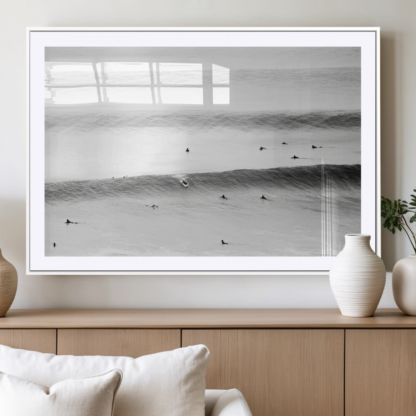MGC-FP-36x24 - Black White Ocean Wall Art Canvas Print, Framed Coastal Sport Art Picture Print, Ocean Culture Perfect Minimalist Coastal Decor Artwork