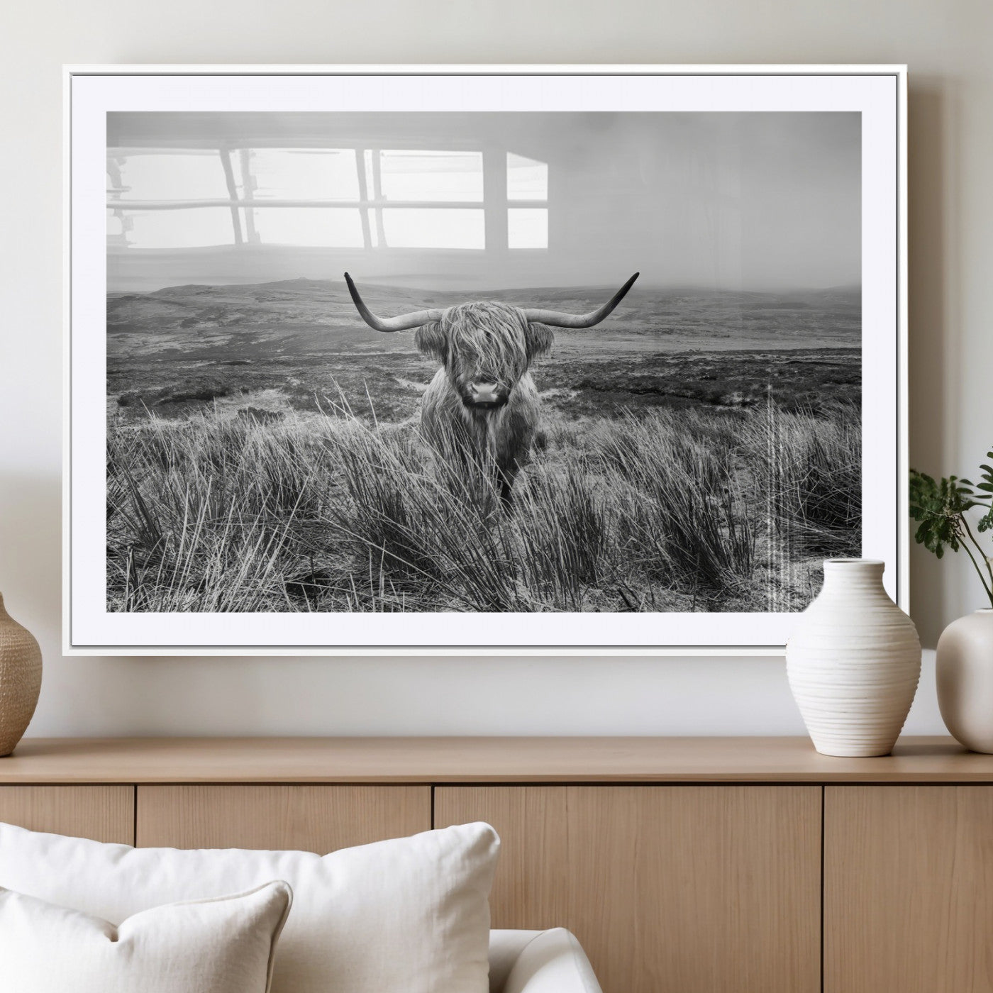 MGC-FP-36x24 - Monochrome Highland Cow Wall Art Canvas Print, Framed Scottish Bull Art Picture Print, Lone Cattle Perfect Rustic Farmhouse Decor Artwork