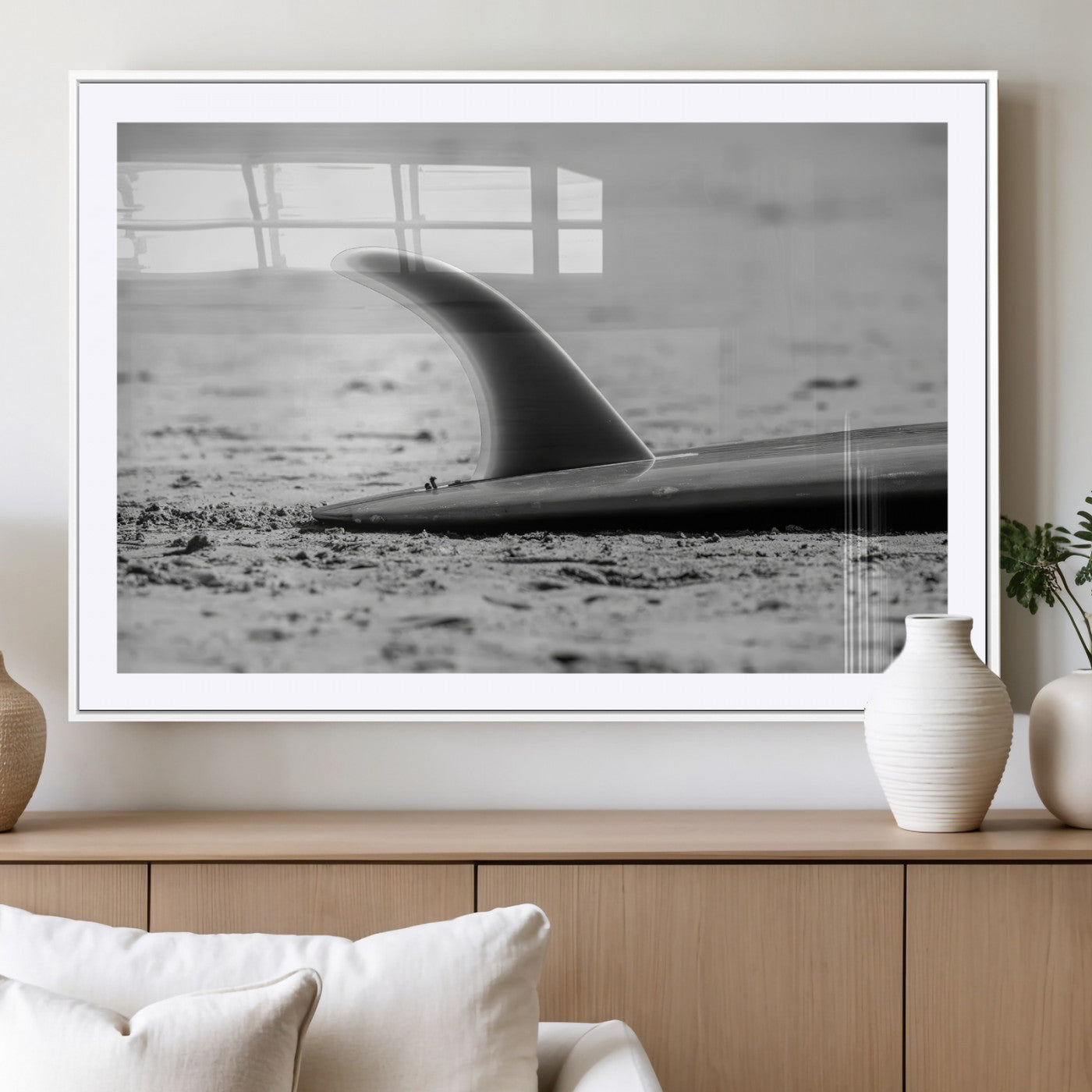 MGC-FP-36x24 - Black White Surfboard Wall Art Canvas Print, Framed Minimalist Beach Art Picture Print, Surf Fin Perfect Minimalist Coastal Decor Artwork
