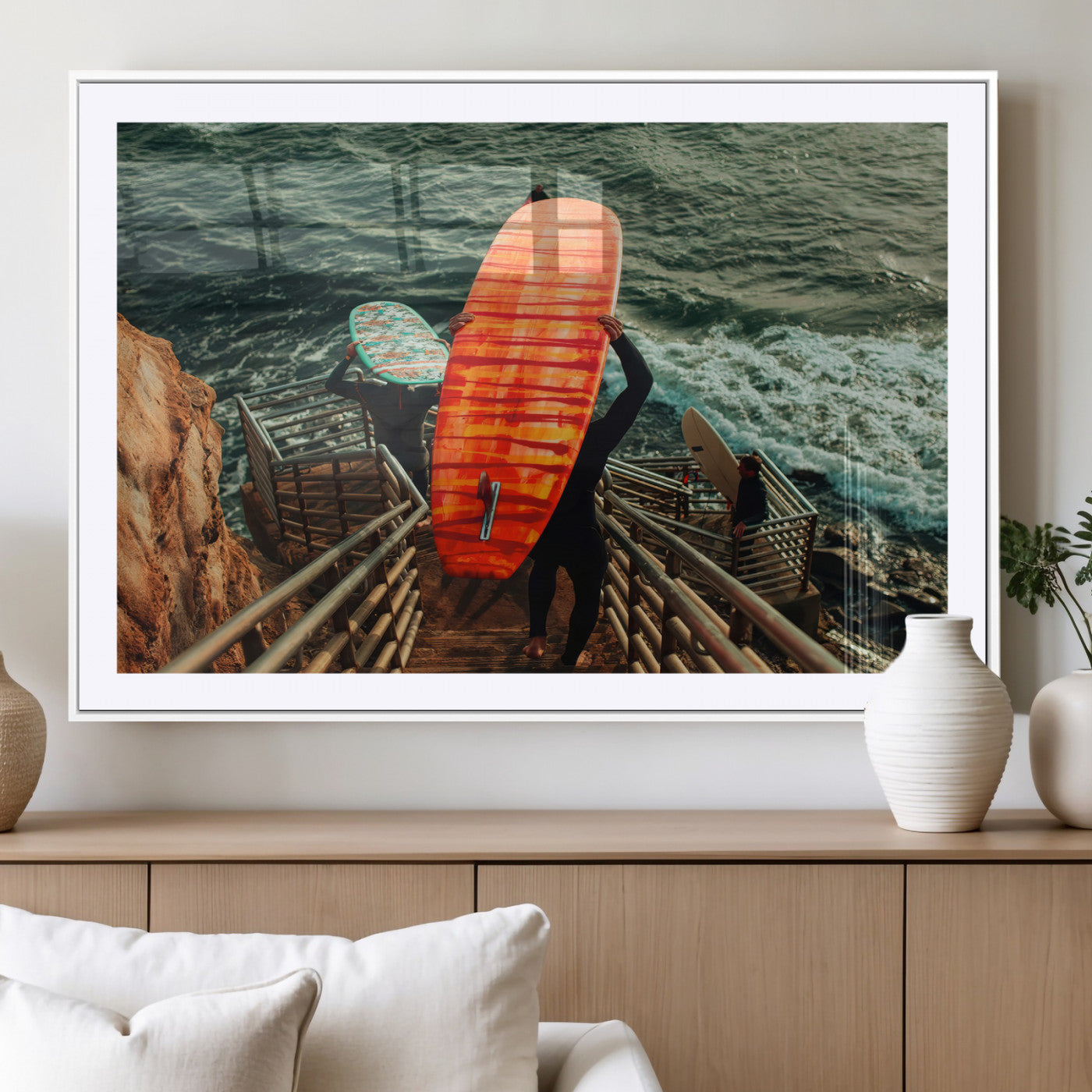 MGC-FP-36x24 - Surfer Stairway Wall Art Canvas Print, Framed Ocean Surf Art Picture Print, Sunset Coastal Perfect Coastal Adventure Decor Artwork