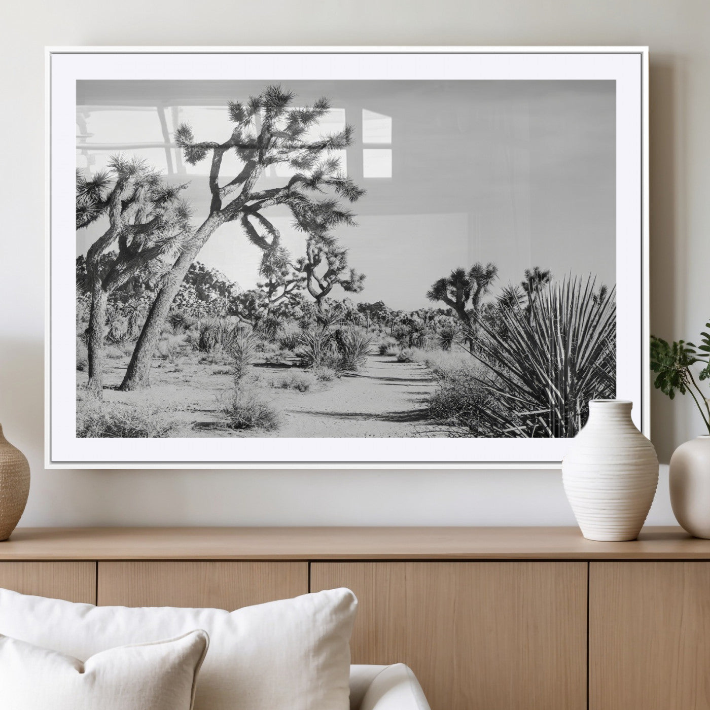 MGC-FP-36x24 - Joshua Tree Wall Art Canvas Print, Framed Desert Path Art Picture Print, Monochrome Desert Perfect Minimalist Desert Decor Artwork