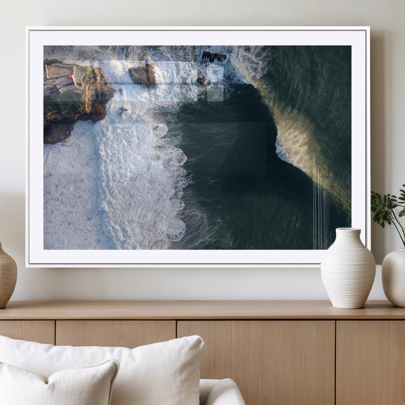 MGC-FP-36x24 - Nazaré Coast Wall Art Canvas Print, Framed Aerial Ocean Art Picture Print, Coastal Fortress Perfect Dramatic Coastal Decor Artwork