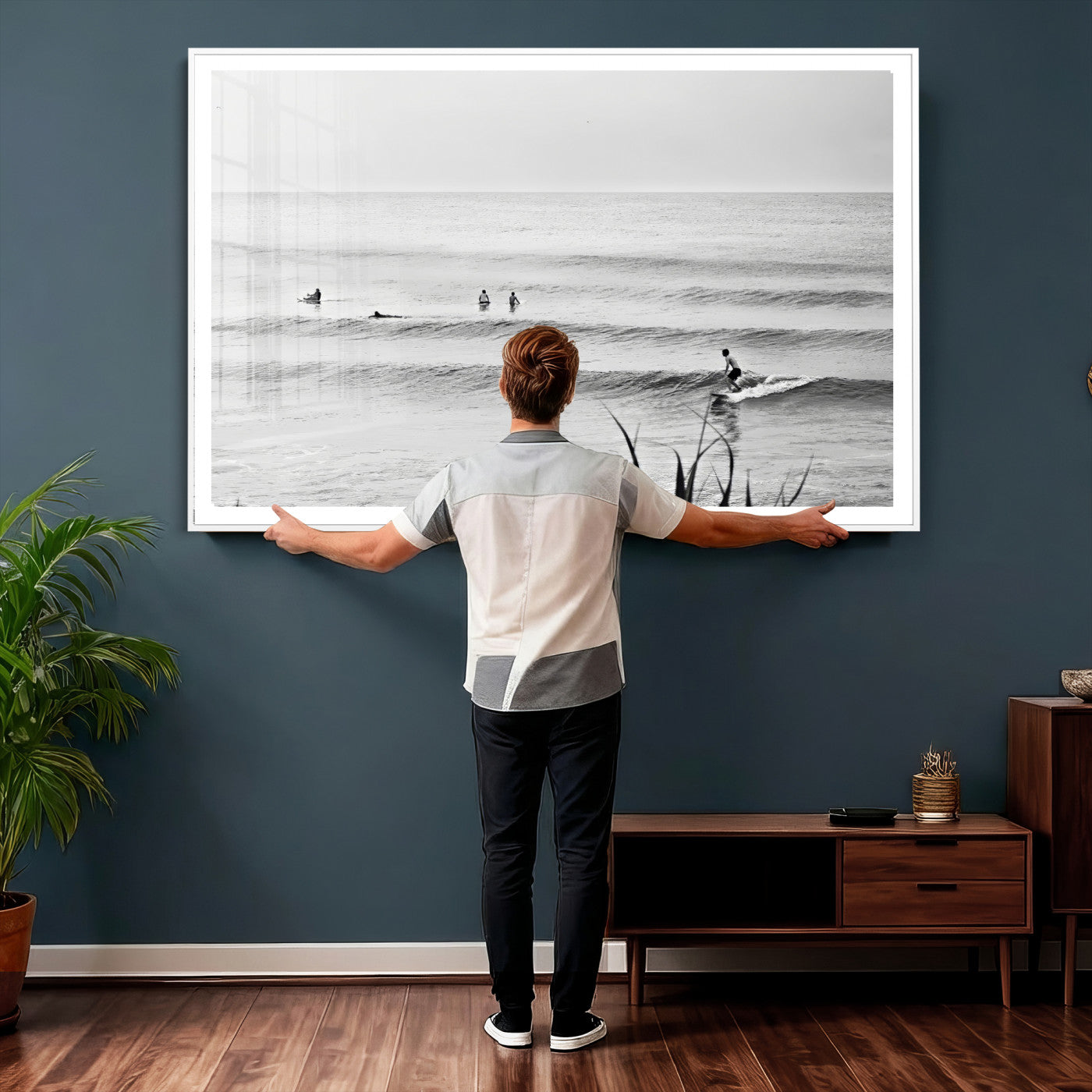 33821421-MGV-CV-36X24 - Surfer Silhouette Wall Art Canvas Print, Framed Calm Ocean Art Picture Print, Monochrome Surf Minimalist Coastal Decor Artwor