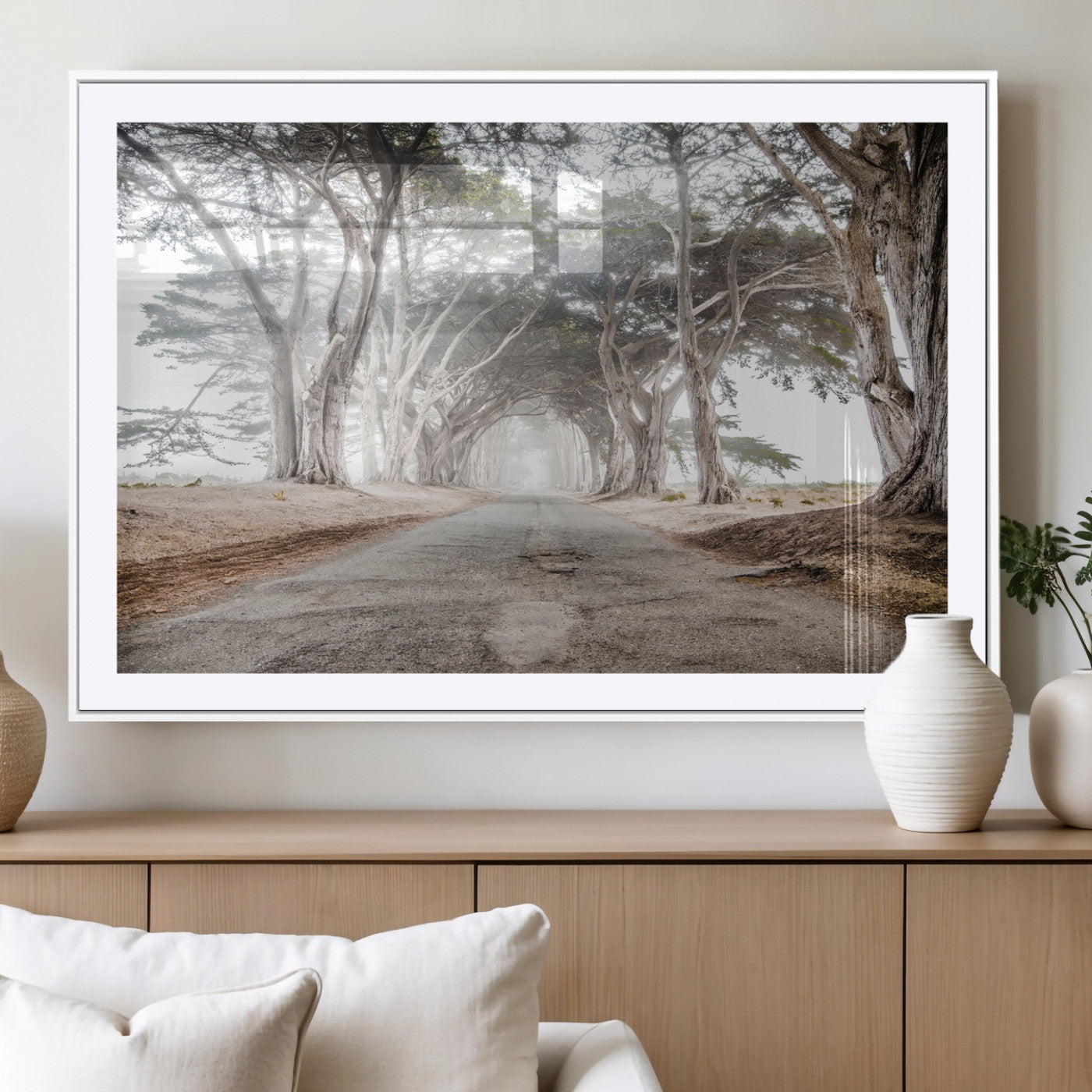 MGC-FP-36x24 - Cypress Tunnel Wall Art Canvas Print, Framed Misty Road Art Picture Print, Foggy Trees Perfect Rustic Woodland Decor Artwork