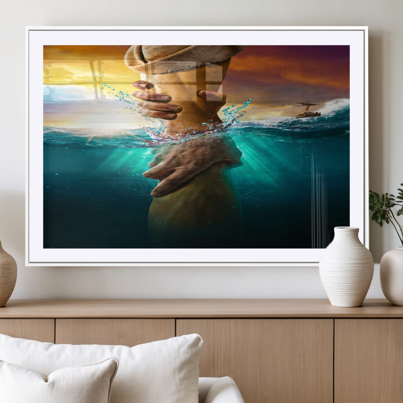 A dramatic scene of a hand reaching underwater and being lifted, symbolizing rescue and faith, ideal for spiritual or Christian wall decor.