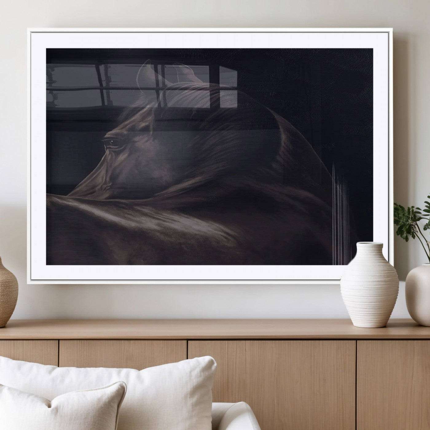 Moody black horse portrait with dramatic lighting on dark background, ideal for rustic, modern or Western style home decor.
