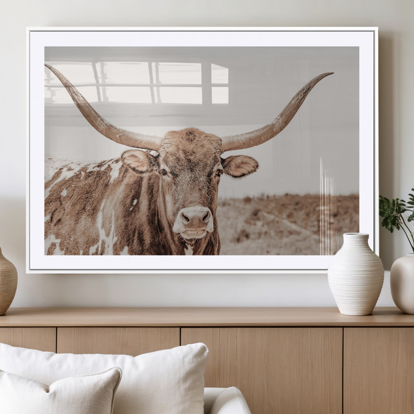MGC-FP-36x24 - Longhorn Cow Wall Art Canvas Print, Framed Texas Ranch Art Picture Print, Western Bull Perfect County Decor Artwork