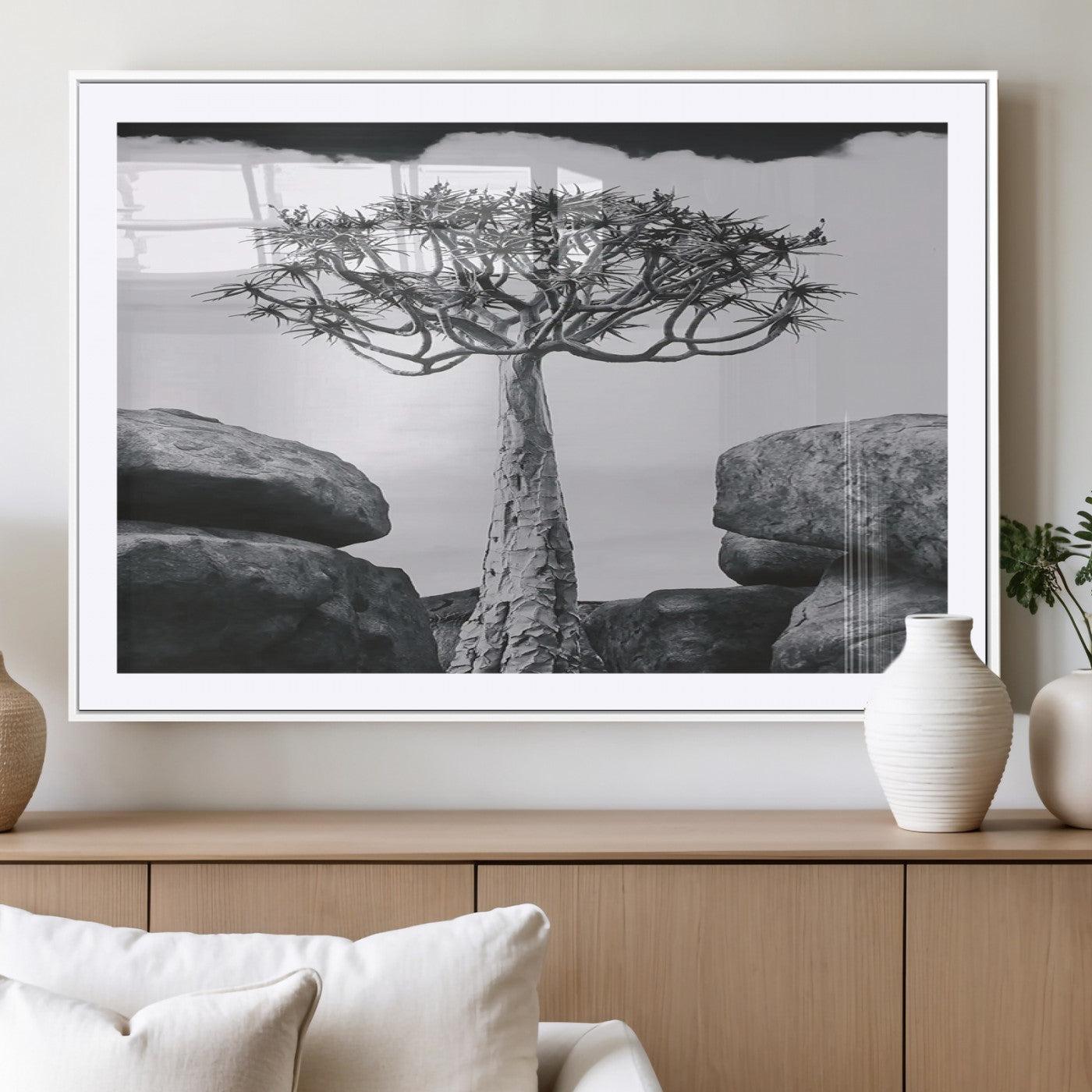 Black and white Joshua tree with bold rocky background, ideal for minimalist or desert-inspired home wall decoration.