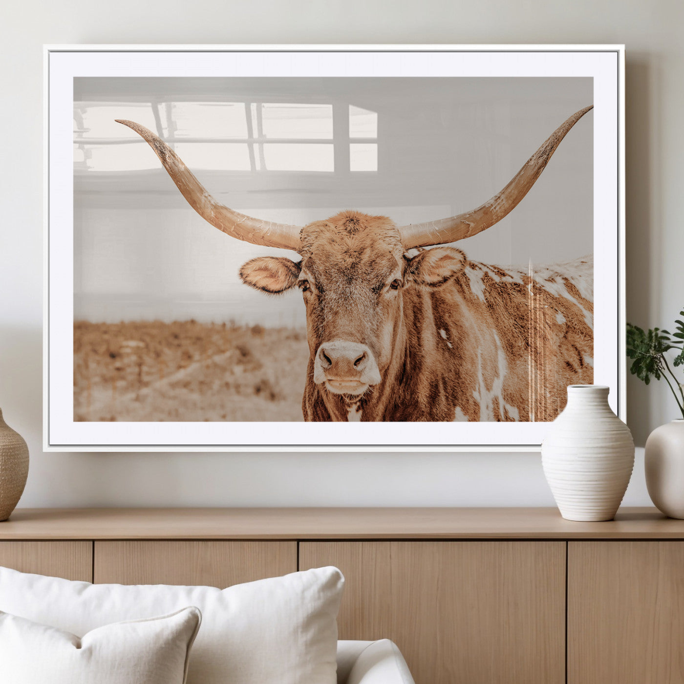 MGC-FP-36x24 - Longhorn Bull Wall Art Canvas Print, Framed Western Cow Art Picture Print, Rustic Farmhouse Perfect Neutral Farmhouse Decor Artwork
