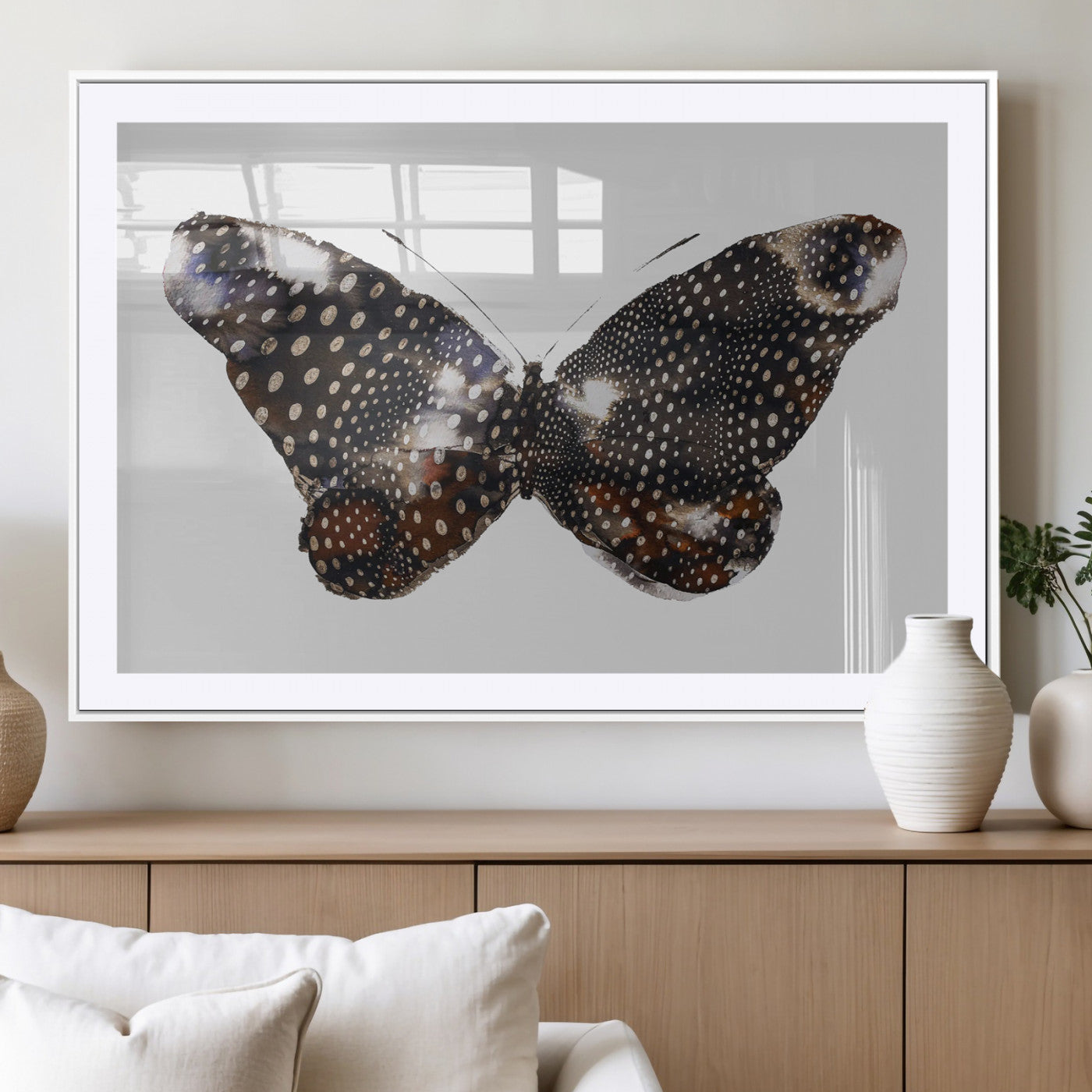 MGC-FP-36x24 - Spotted Butterfly Wall Art Canvas Print, Framed Neutral Insect Theme Art Picture Print, Earthy Wing Pattern Perfect Modern Rustic Decor Artwork