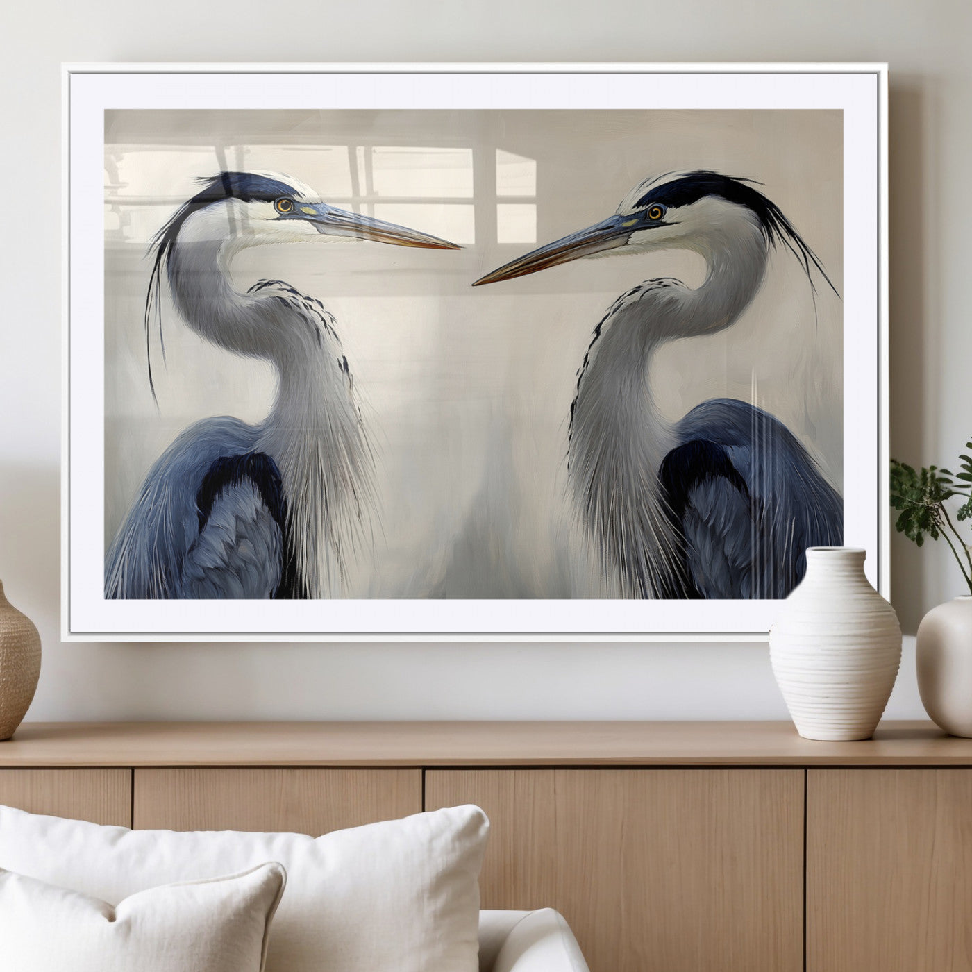 MGC-FP-36x24 - Blue Heron Pair Wall Art Canvas Print, Framed Coastal Bird Theme Art Picture Print, Tranquil Wildlife Scene Perfect Coastal Minimalist Decor Artwork