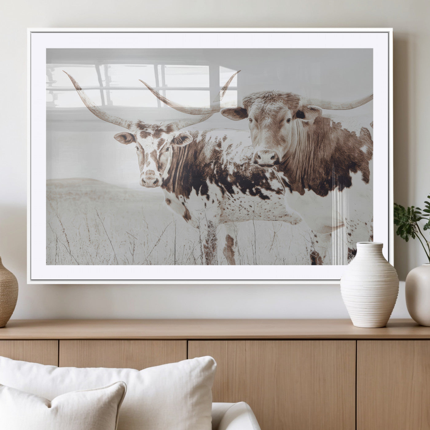 MGC-FP-36x24 - Longhorn Wall Art Wall Art Canvas Print, Framed Western Cow Canvas Art Picture Print, Rustic Farm Decor Perfect Rustic Farmhouse Decor Artwork