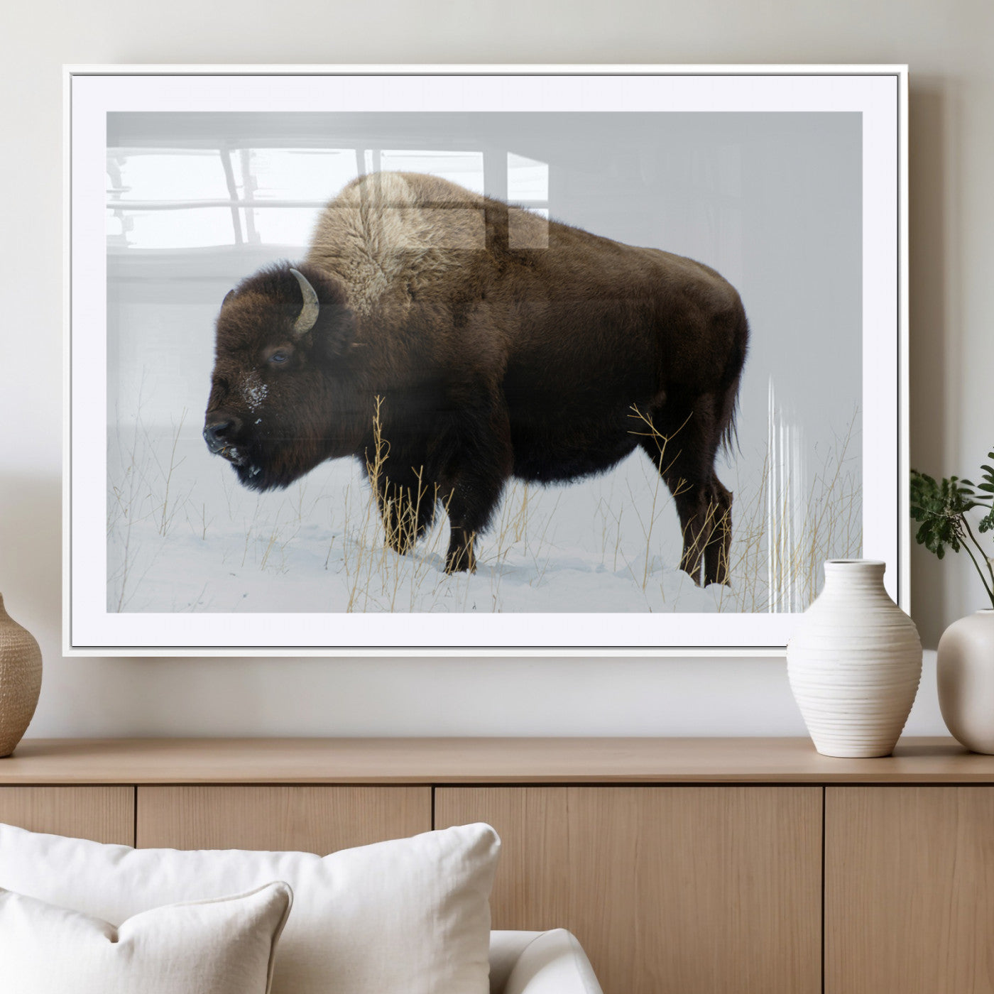 MGC-FP-36x24 - Bison Photography Wall Art Canvas Print, Framed Western Wildlife Art Picture Print, Buffalo On Snow Perfect Western Decor Artwork