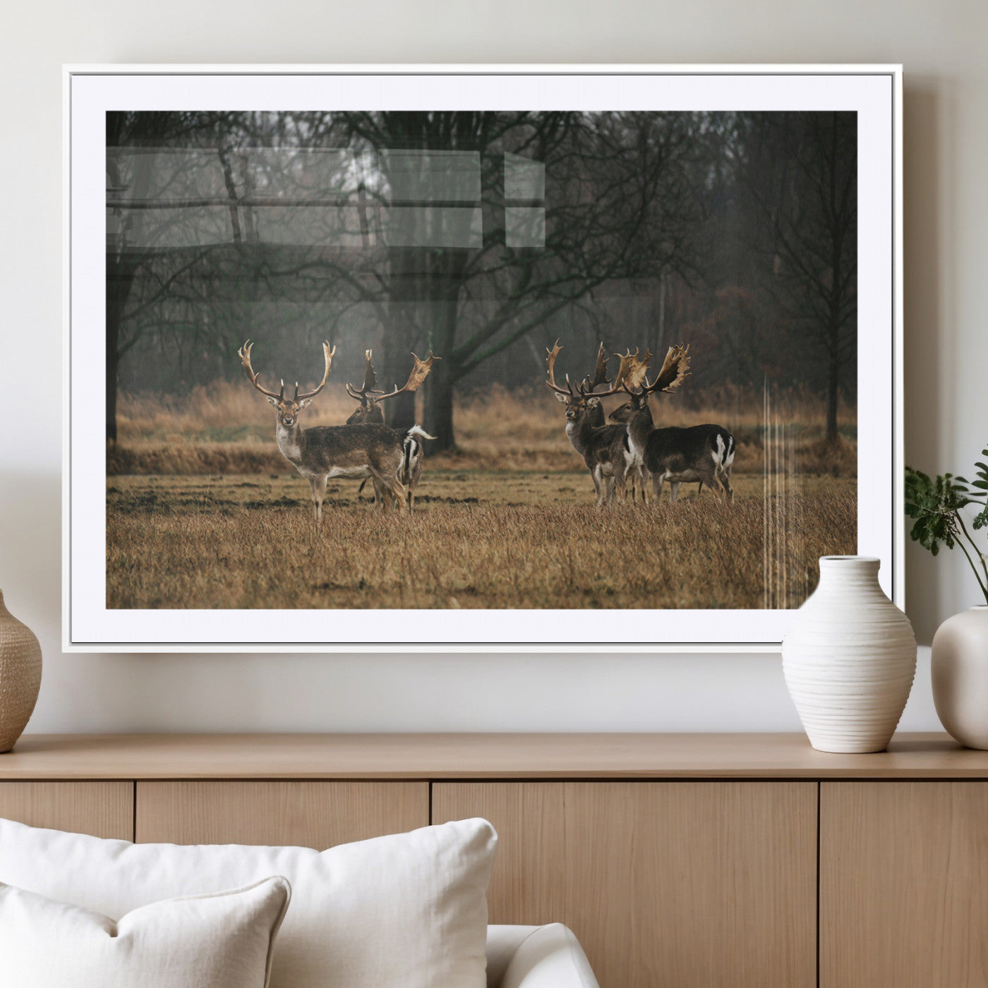 MGC-FP-36x24 - Deer Photography Wall Art Canvas Print, Framed Rustic Wildlife Art Picture Print, Stags In Forest Perfect Rustic Wilderness Decor Artwork