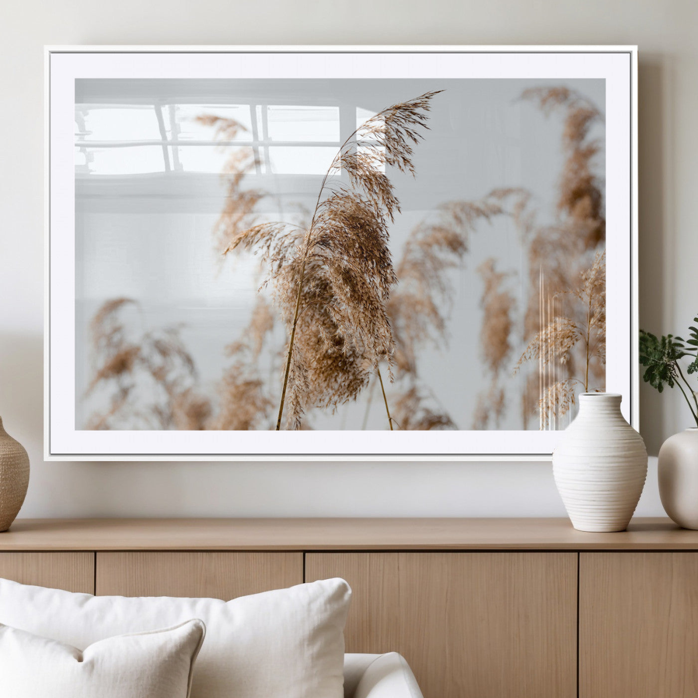 MGC-FP-36x24 - Pampas Grass Wall Art Canvas Print, Framed Neutral Tones Art Picture Print, Minimalist Nature Perfect Boho Decor Artwork