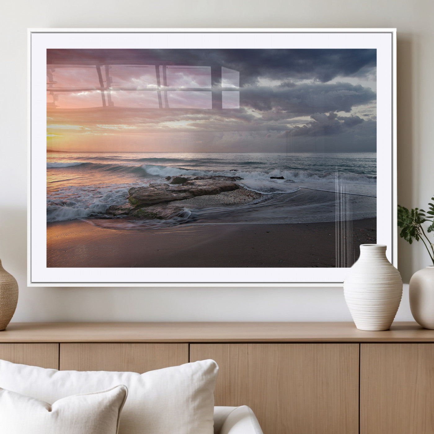 MGC-FP-36x24 - Golden Hour Wall Art Canvas Print, Framed Tranquil Waves Art Picture Print, Beach Perfect Coastal Serenity Decor Artwork